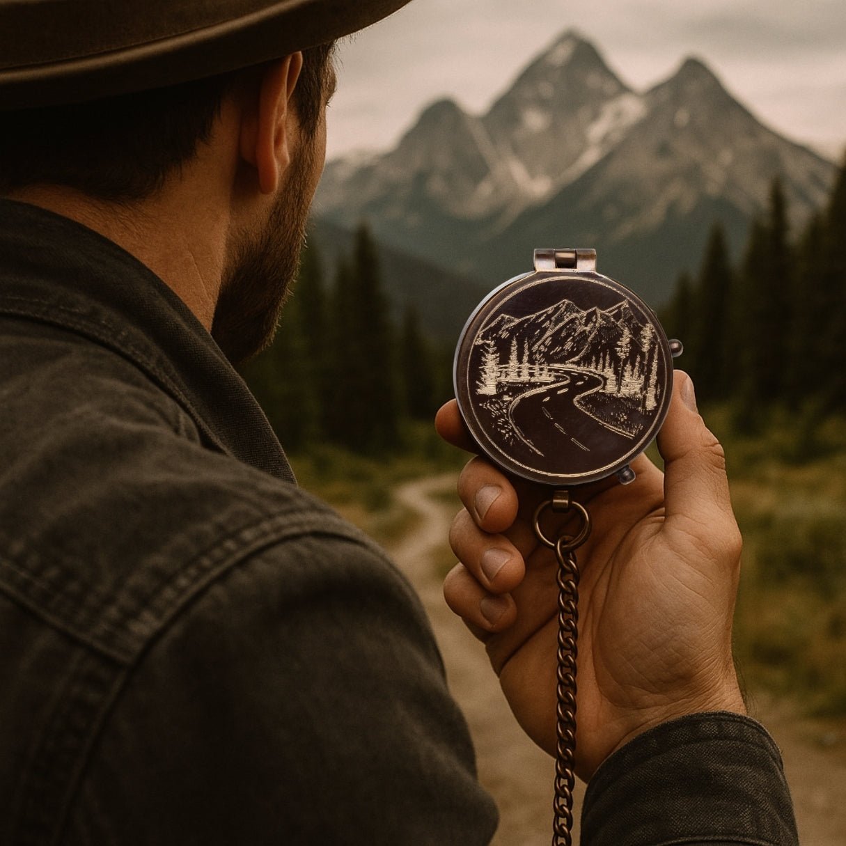 Custom celestial compass with mountains and moon – a personalized, engraved brass pocket keepsake for men; ideal gift for son, grandson, or him on graduation, anniversary, or Christmas.