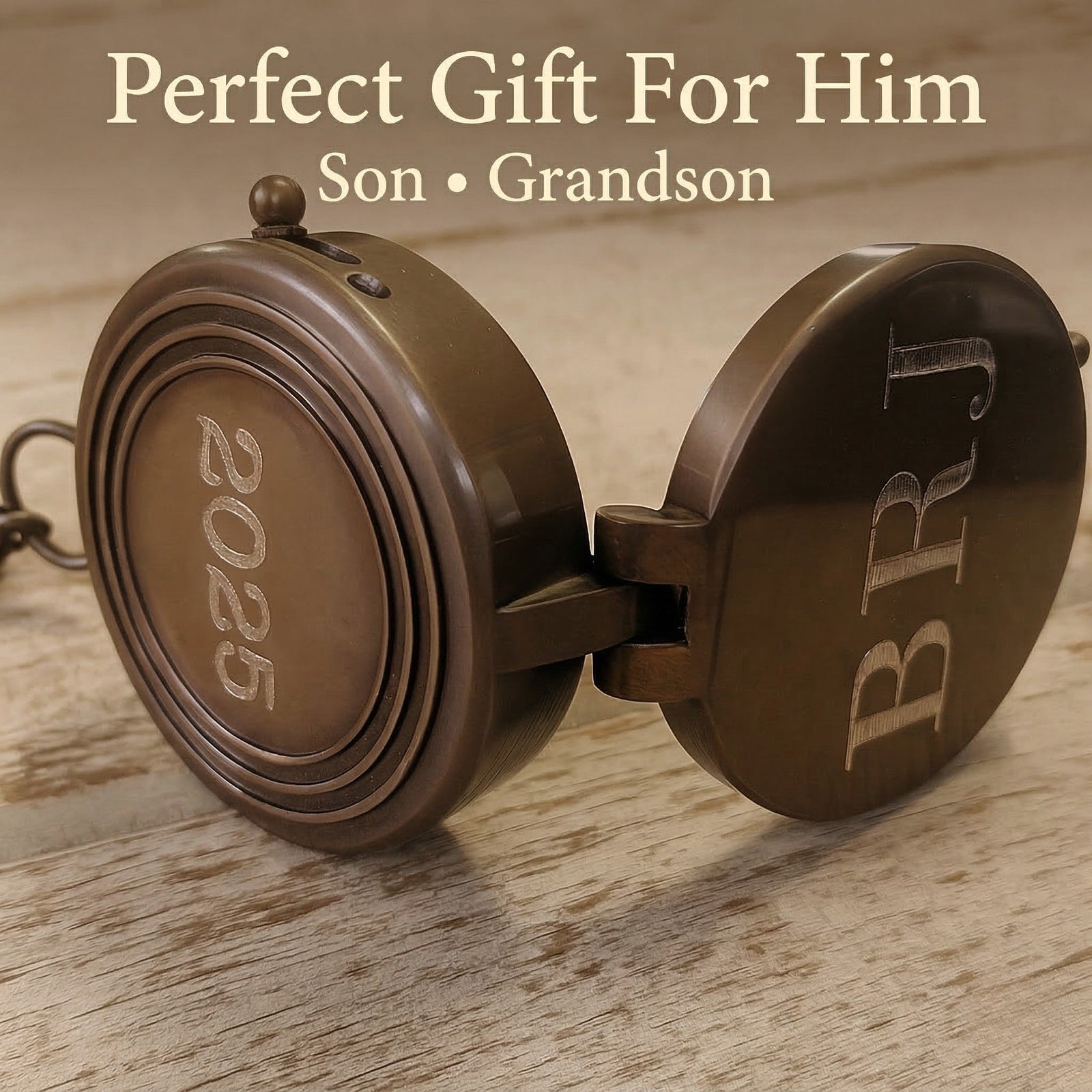 Brown leather-bound book with '2023' and 'BRI' embossed on a wooden surface, labeled as a 'Perfect Gift For Him'.