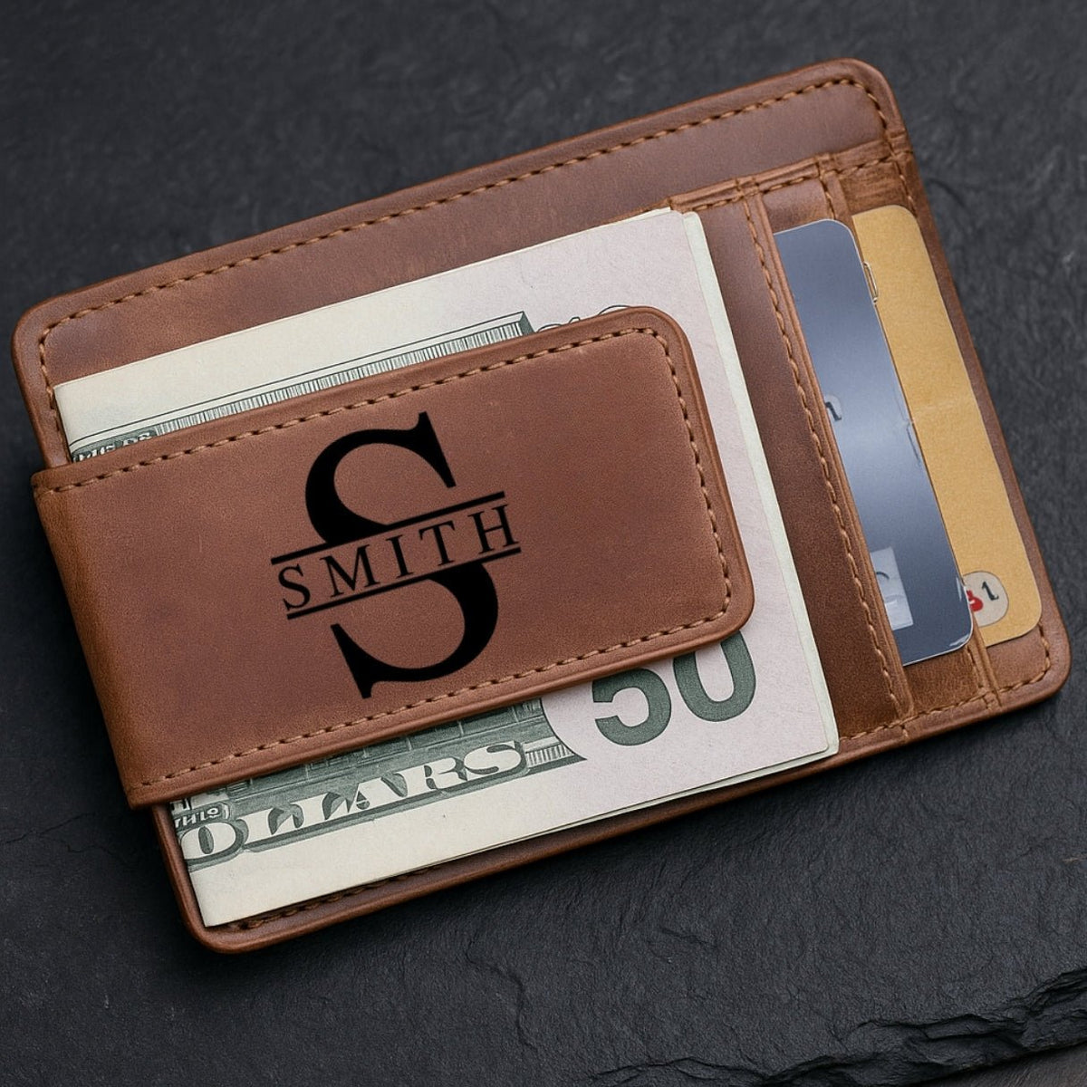 Minimal, compact front pocket wallet with cash clip — this personalized leather money clip for men features custom engraving, name, initial, or photo options, strong magnetic closure, ID window, and designer card holder appeal in genuine brown leather.