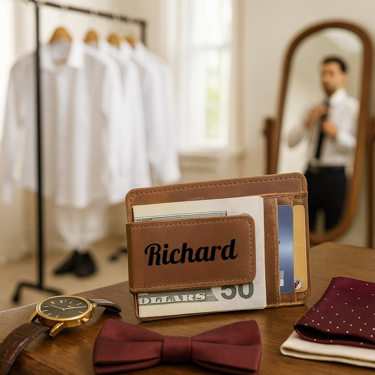 Ultraslim brown leather wallet for men — personalized and custom engraved with monogram, name, or photo, this minimalist money clip design includes a strong magnetic cash clip, ID window, and thin profile ideal for a modern front pocket.