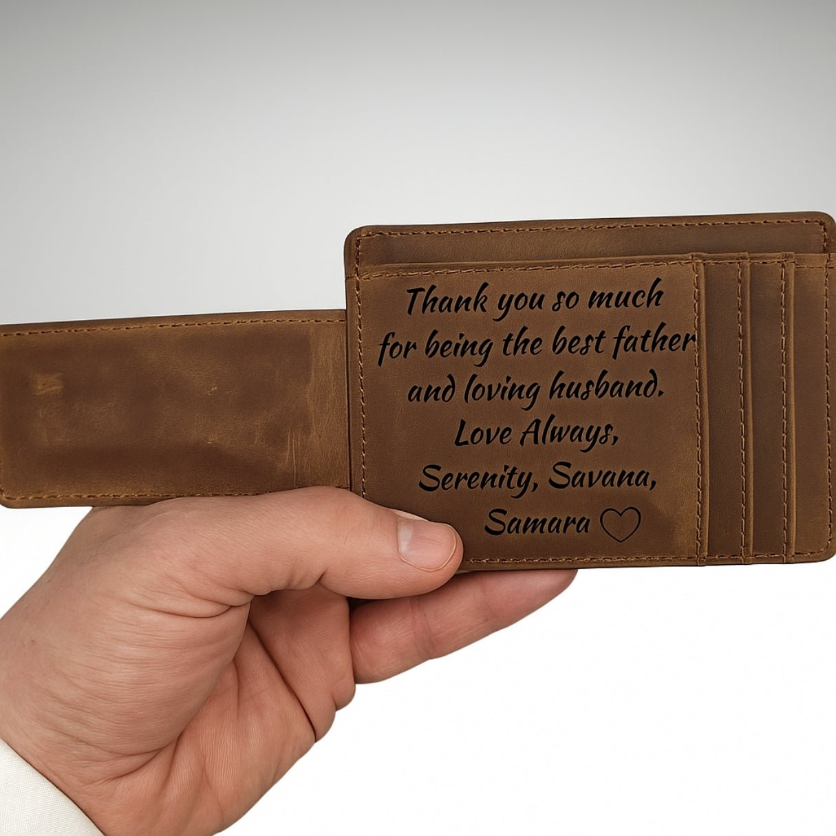 Genuine leather designer card holder for men — a small, slim money clip wallet with custom engraving, ID window, strong magnetic closure, and photo or initial personalization, perfect for front pocket use with a minimalist, ultraslim build.