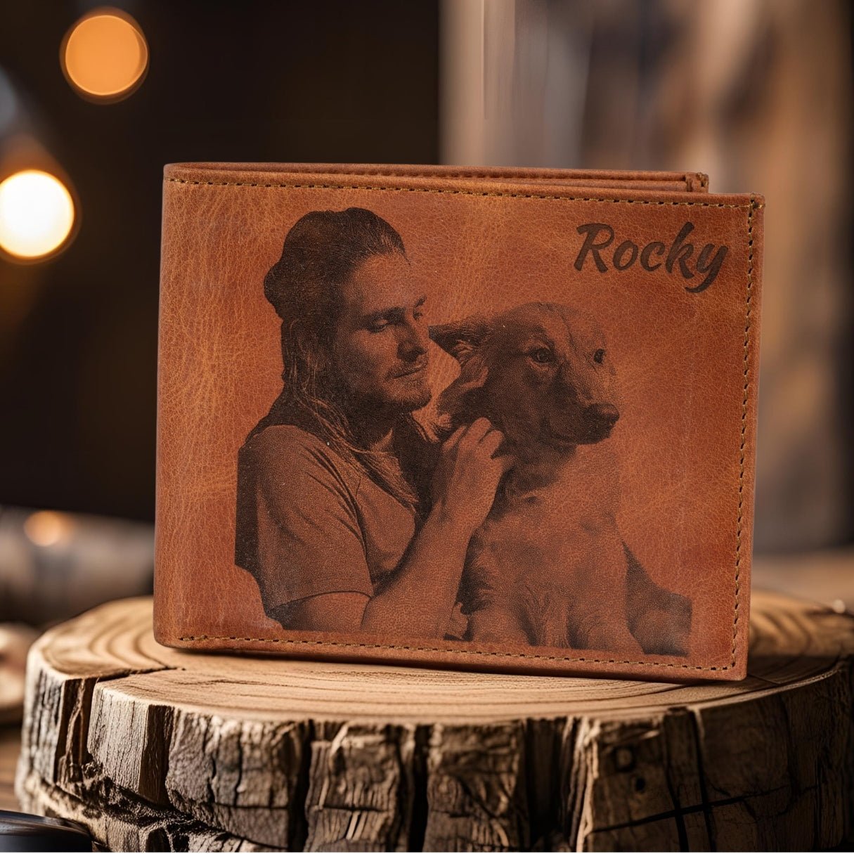 Custom engraved brown leather wallet with personalized photo and initials – a slim, minimalist gift for men, dad, or boyfriend for Father’s Day, Christmas, or anniversary.