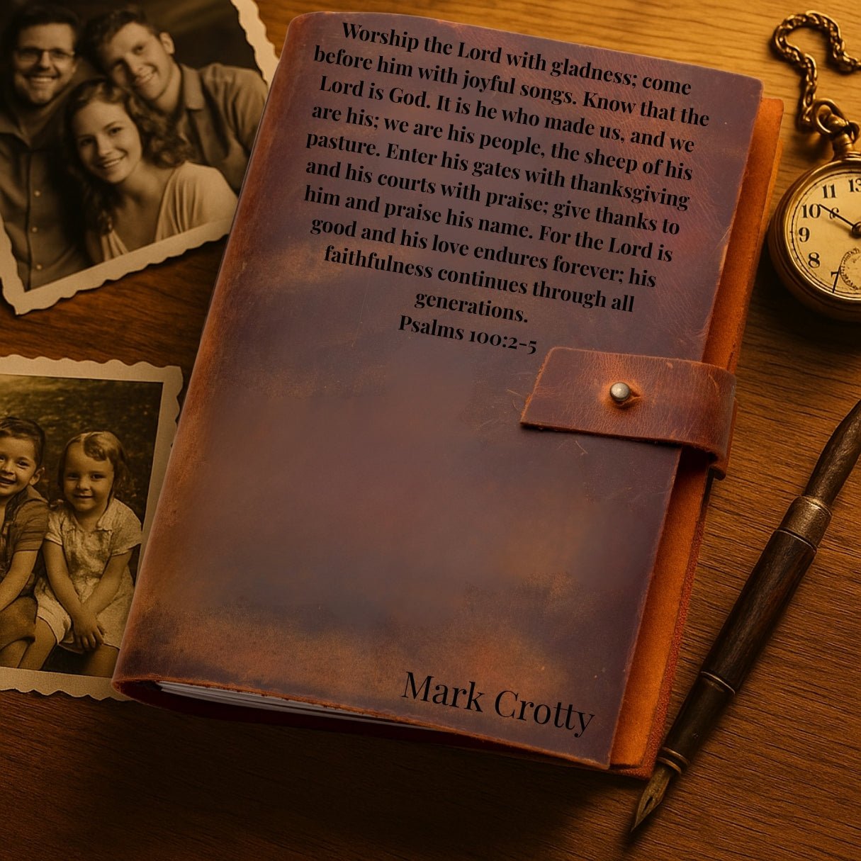 Personalized brown leather journal notebook – custom engraved diary with refillable lined pages, featuring name, monogram, initial, photo, or heartfelt message or text.