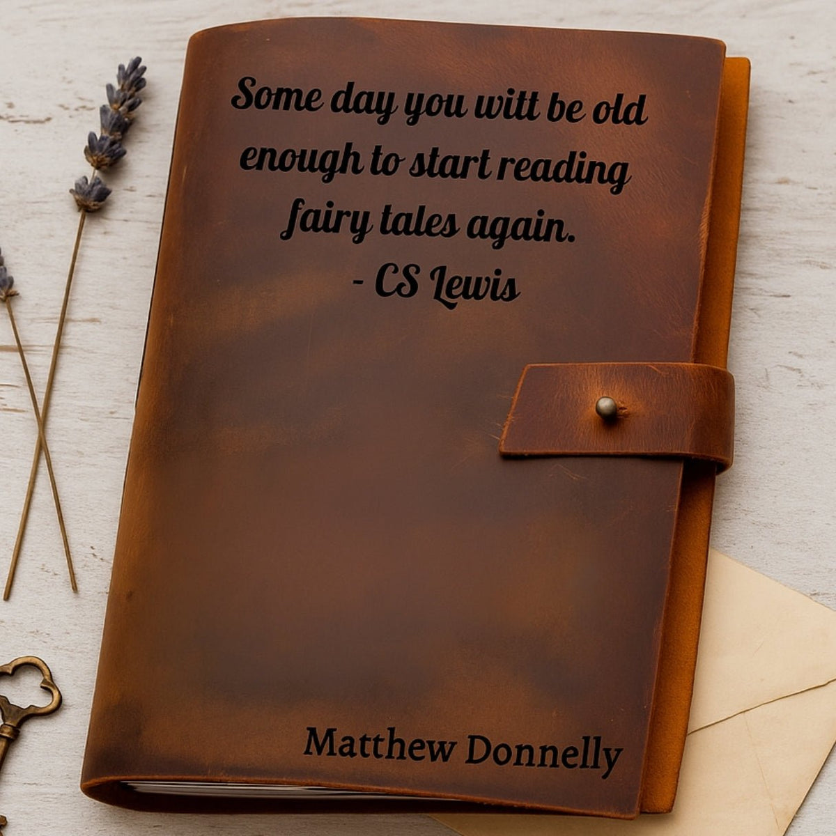 Personalized brown leather journal notebook – custom engraved diary with refillable lined pages, featuring name, monogram, initial, photo, or heartfelt message or text.