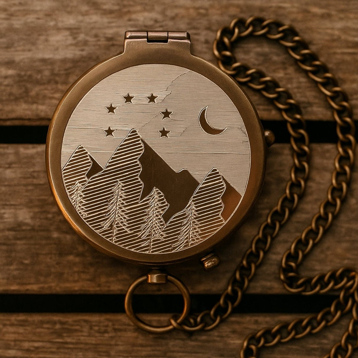 Custom engraved brass compass gift for men – personalized, handcrafted vintage pocket keepsake with mountain, moon, and stars design, perfect for son or grandson on graduation, retirement, or Father’s Day.
