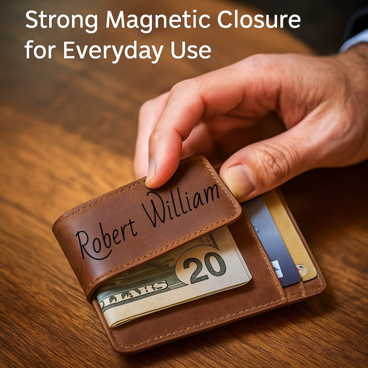 Custom engraved wallet for men — made of genuine brown leather, this minimalist money clip combines a small, thin, ultraslim profile with a magnetic closure, ID window, and personalized monogram or photo, perfect as a sleek front pocket designer card holder.