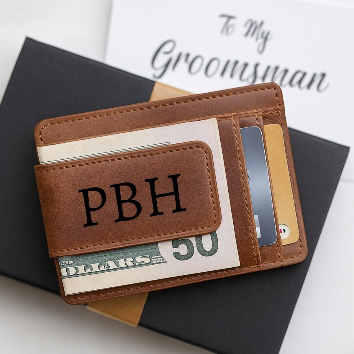 Genuine leather designer card holder for men — a small, slim money clip wallet with custom engraving, ID window, strong magnetic closure, and photo or initial personalization, perfect for front pocket use with a minimalist, ultraslim build.