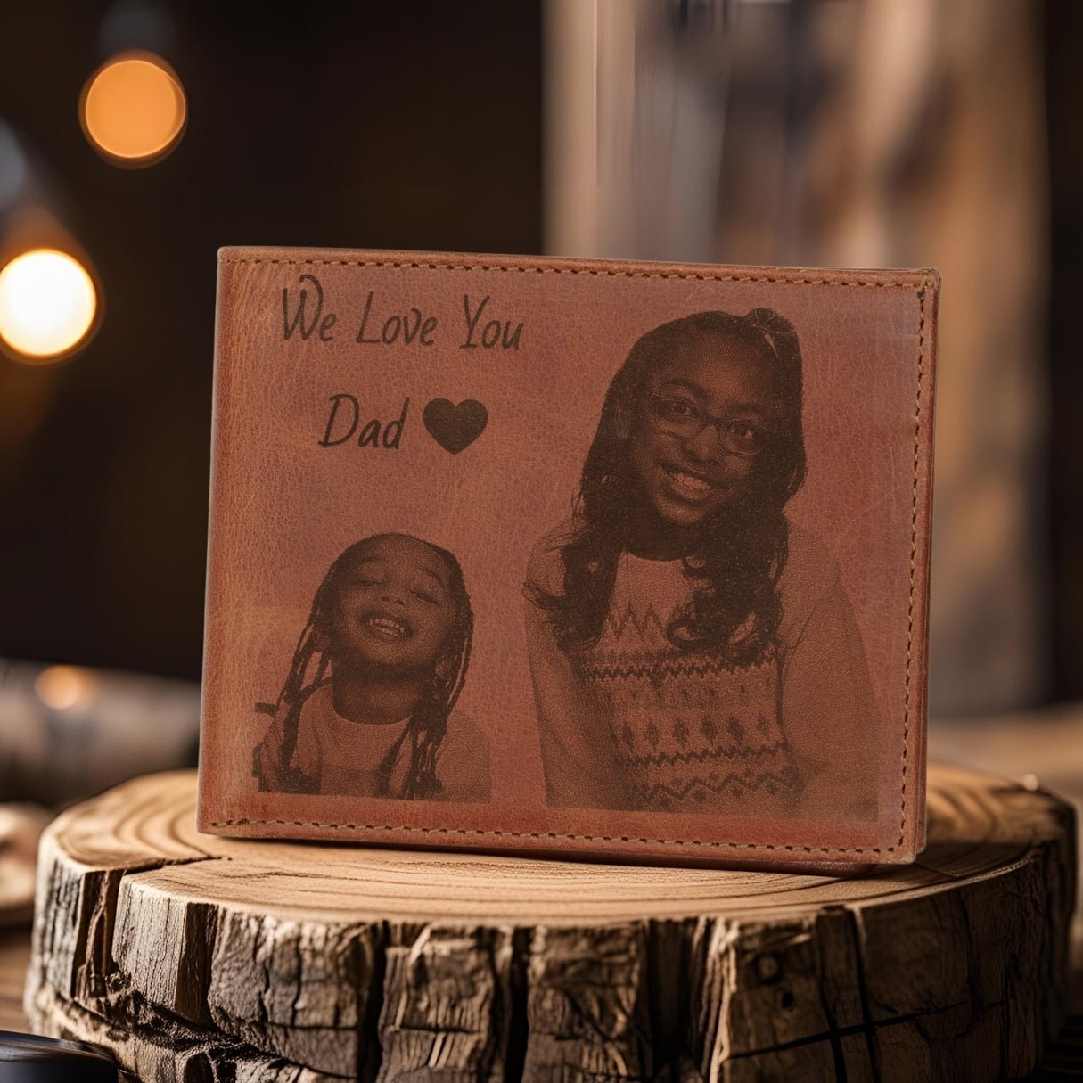 Custom engraved brown leather wallet with personalized photo and initials – a slim, minimalist gift for men, dad, or boyfriend for Father’s Day, Christmas, or anniversary.