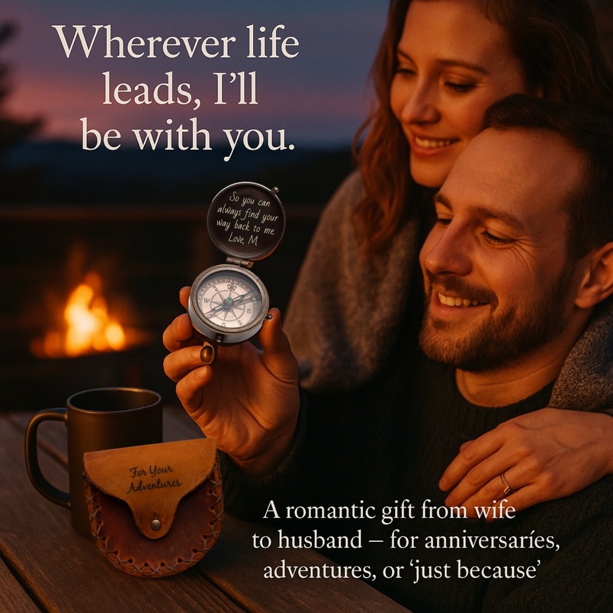 Handcrafted vintage compass for men – engraved and custom personalized with monogram, photo, or name; meaningful brass gift for retirement, birthday, or special occasions like Valentine’s Day or Father’s Day.