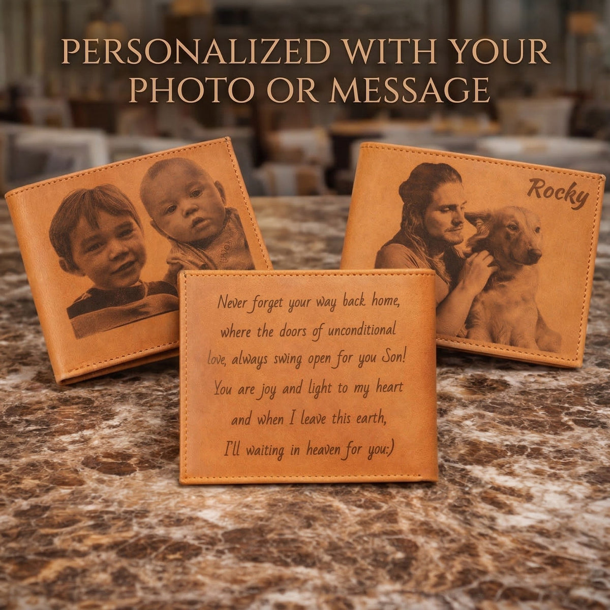 Three personalized leather wallets with engraved photos and messages on a marble surface.
