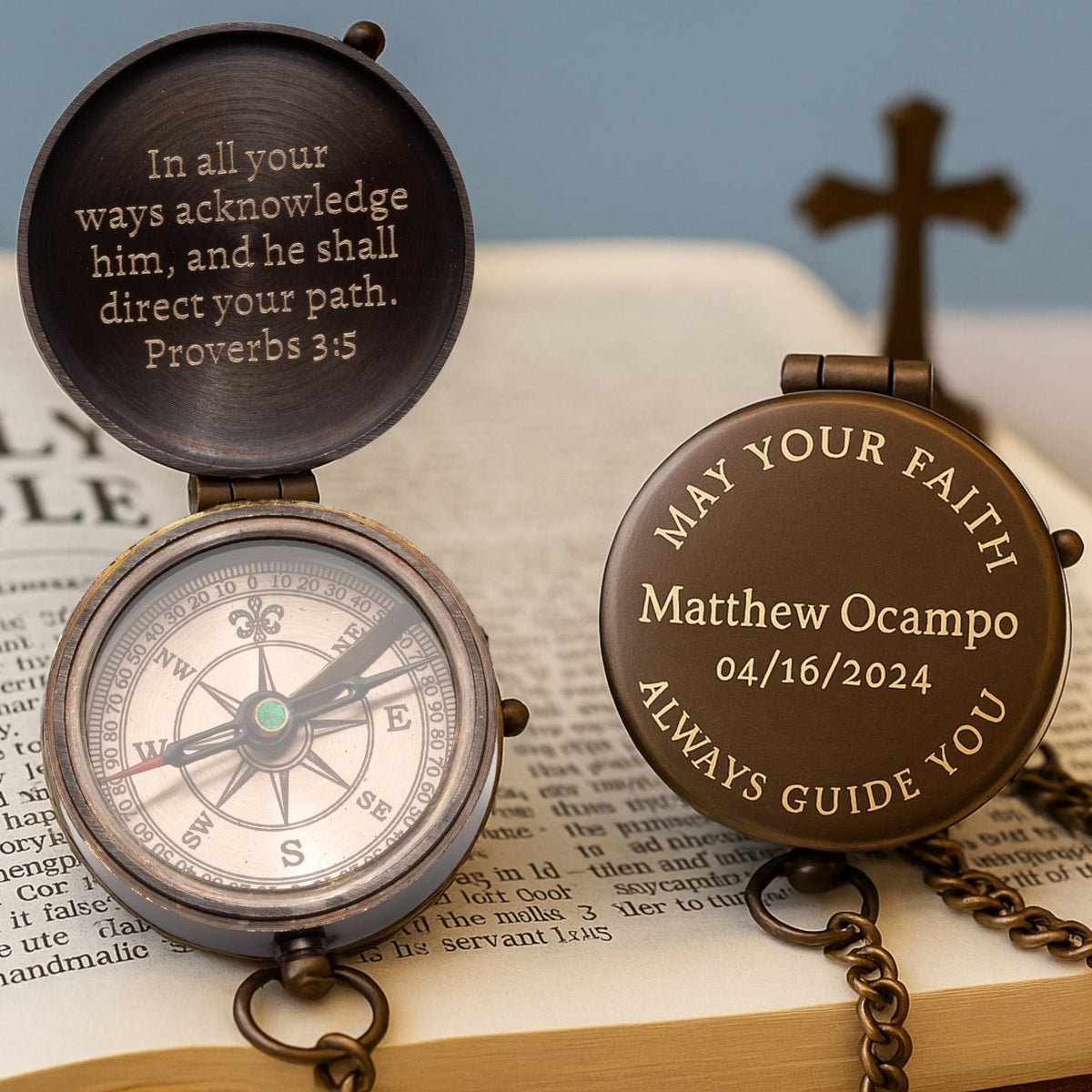 Custom engraved Christian compass gift with cross symbol, ideal for religious milestones like First Communion, Confirmation, or Dedication, available at SFdizayn.com

