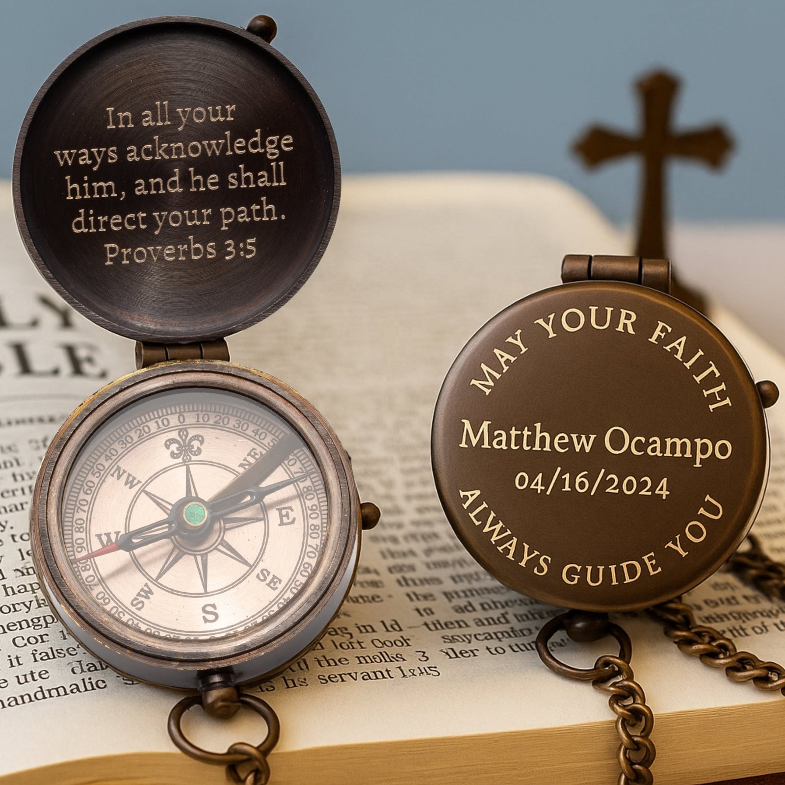 Custom engraved Christian compass gift with cross symbol, ideal for religious milestones like First Communion, Confirmation, or Dedication, available at SFdizayn.com

