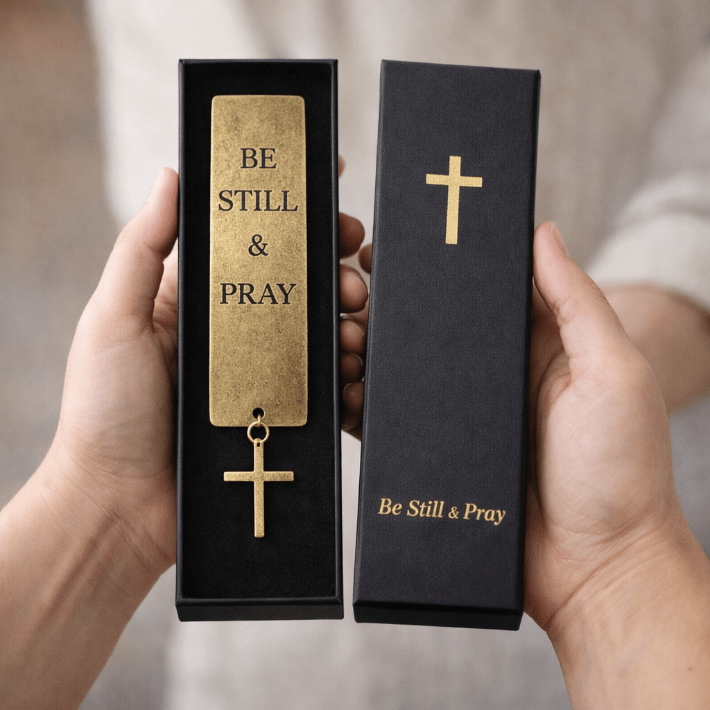 Gold 'Be Still & Pray' bookmark with cross in black box held by hands
