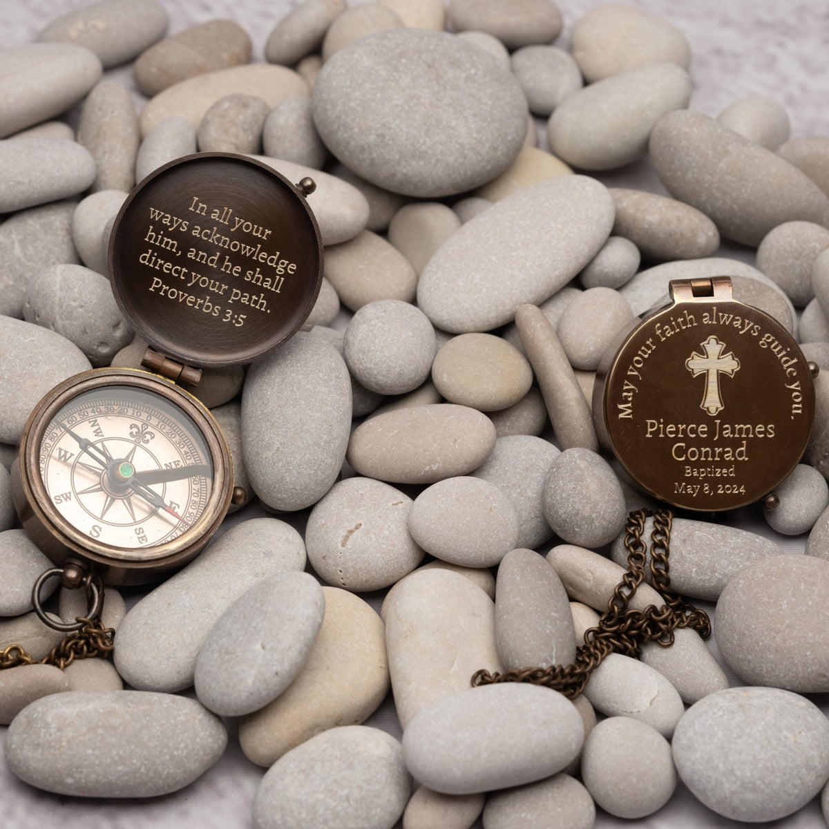 Personalized religious brass compass engraved with a Bible verse, perfect baptism or confirmation gift for boys and men, handmade spiritual keepsake from SFdizayn.com

