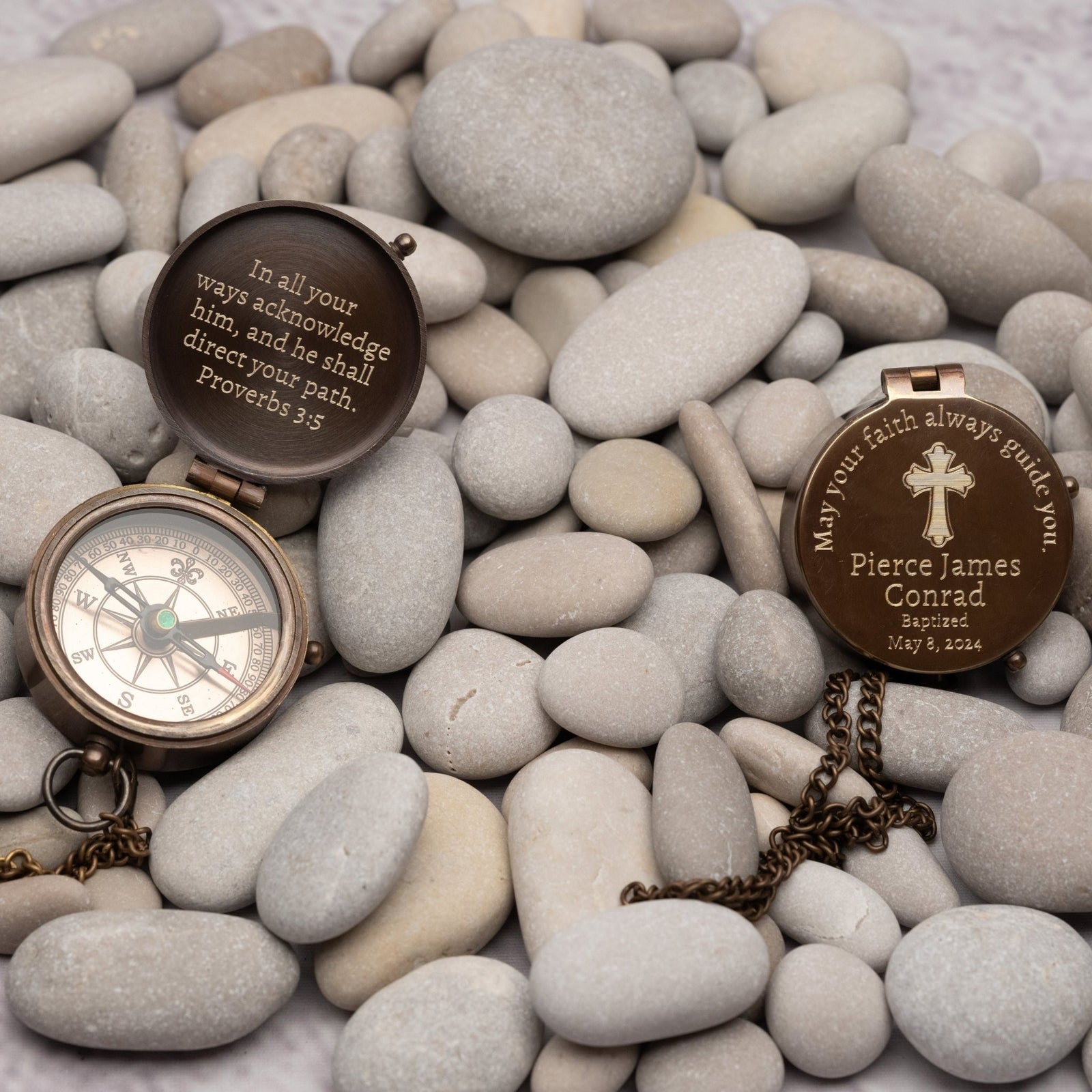 Personalized religious brass compass engraved with a Bible verse, perfect baptism or confirmation gift for boys and men, handmade spiritual keepsake from SFdizayn.com


