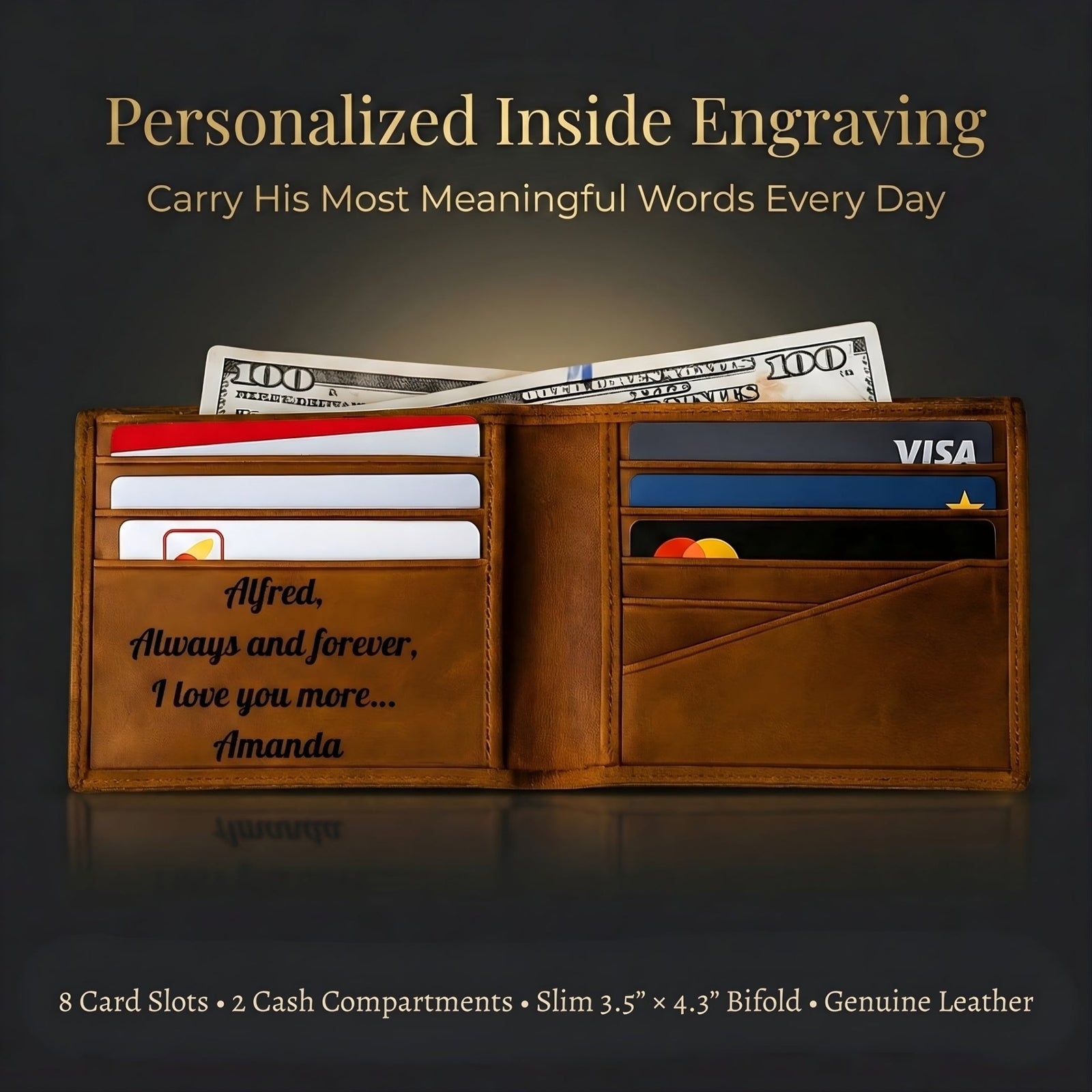 Brown leather wallet with personalized engraving on a dark background