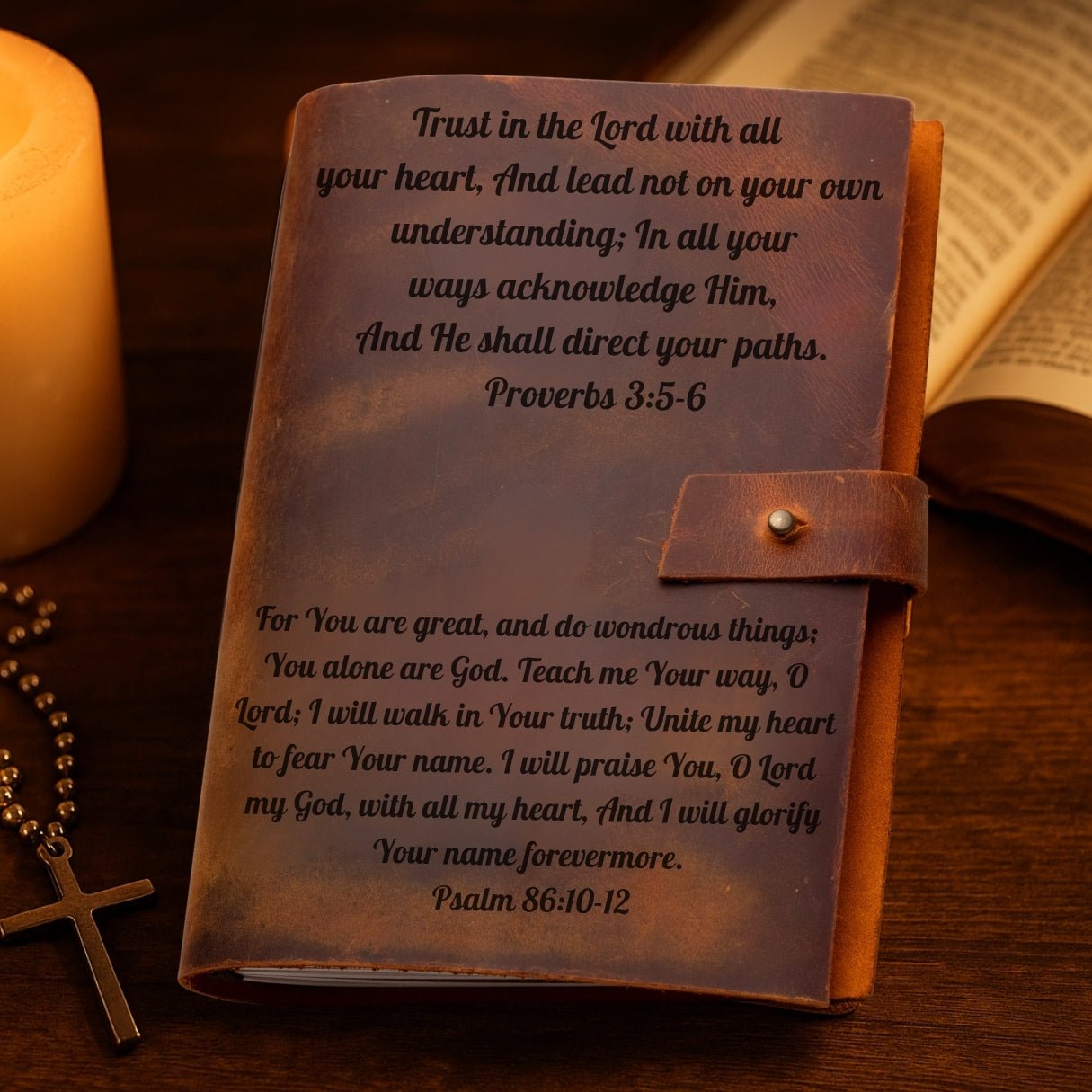 Personalized brown leather prayer journal – custom engraved Christian notebook or diary with refillable lined pages, featuring name, initial, monogram, photo, message, cross, or Bible verse text.