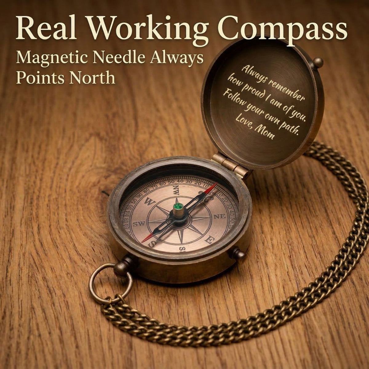 Vintage-style compass with chain on a wooden surface, text about magnetic needle and direction.