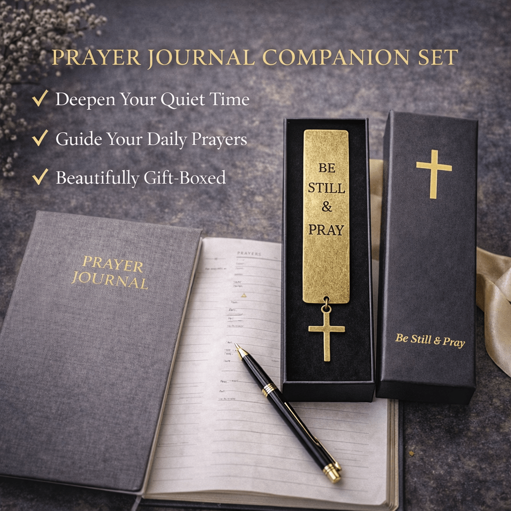 Prayer journal, pen, and bookmark with 'Be Still &amp; Pray' message on a dark surface.