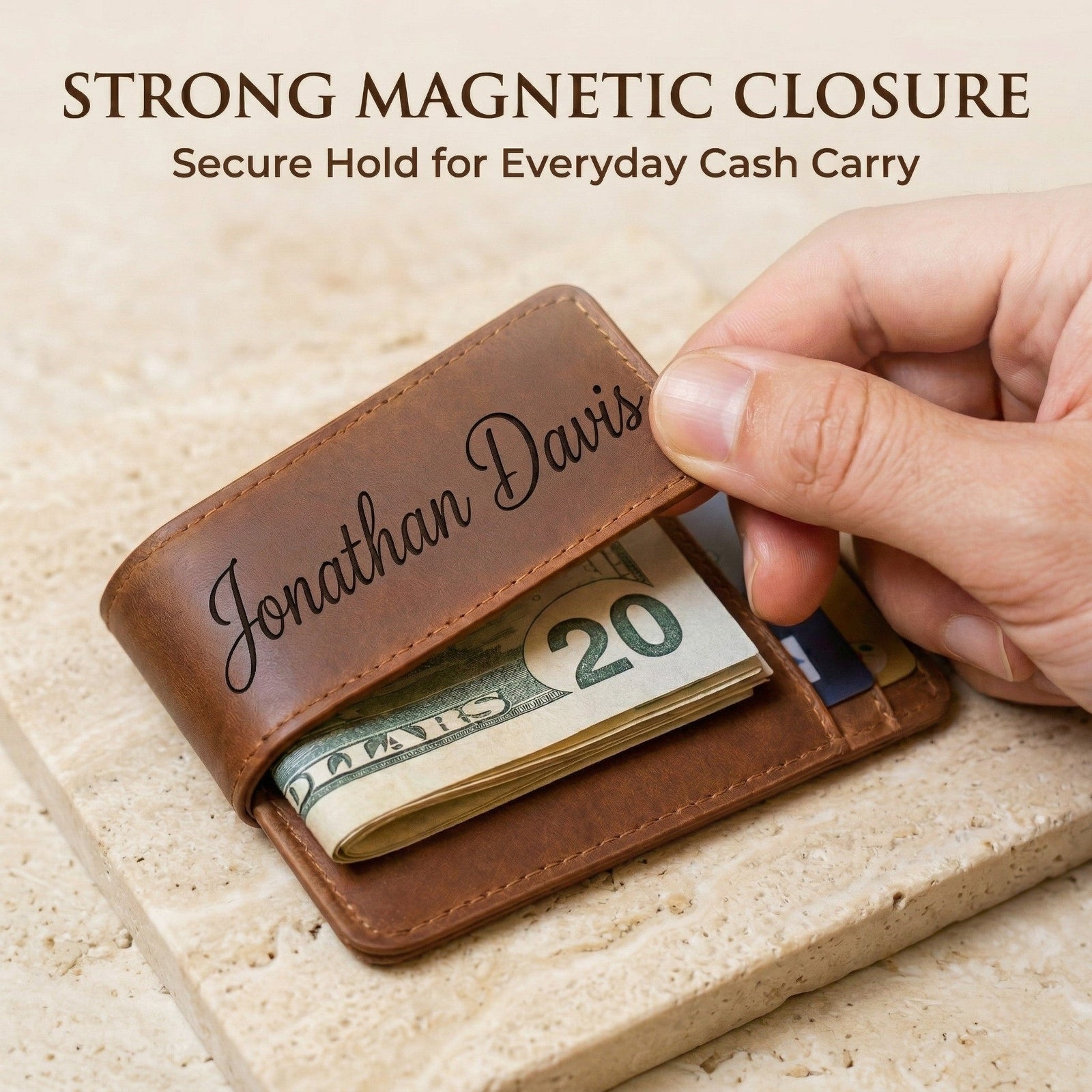 Brown leather wallet with 'Jonathan Davis' engraving holding money, on a beige stone surface.