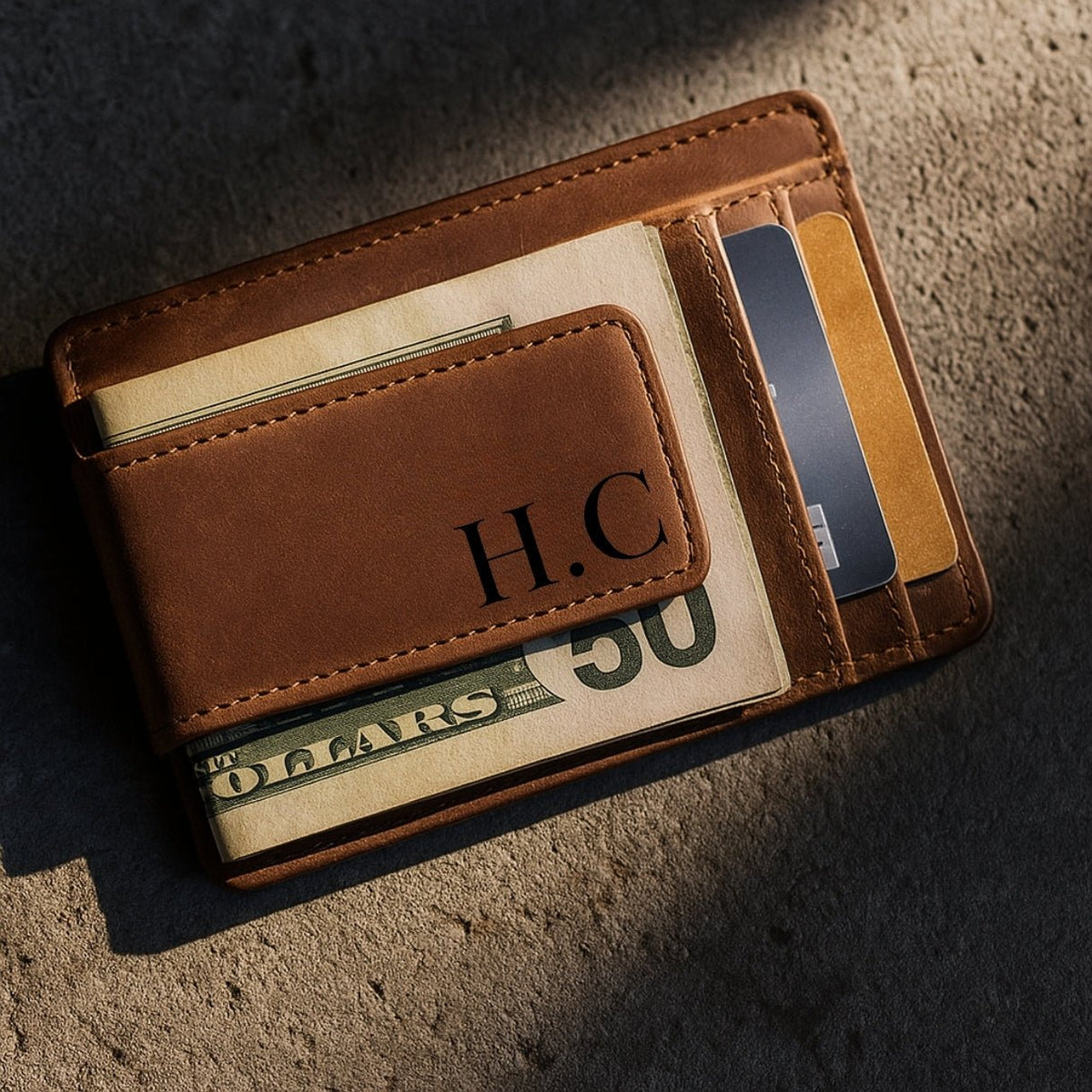 Personalized brown leather money clip wallet for men — a slim, ultraslim, and compact designer card holder with custom engraving, name, initial, and photo, featuring a strong magnetic closure, ID window, and cash clip for front pocket carry.