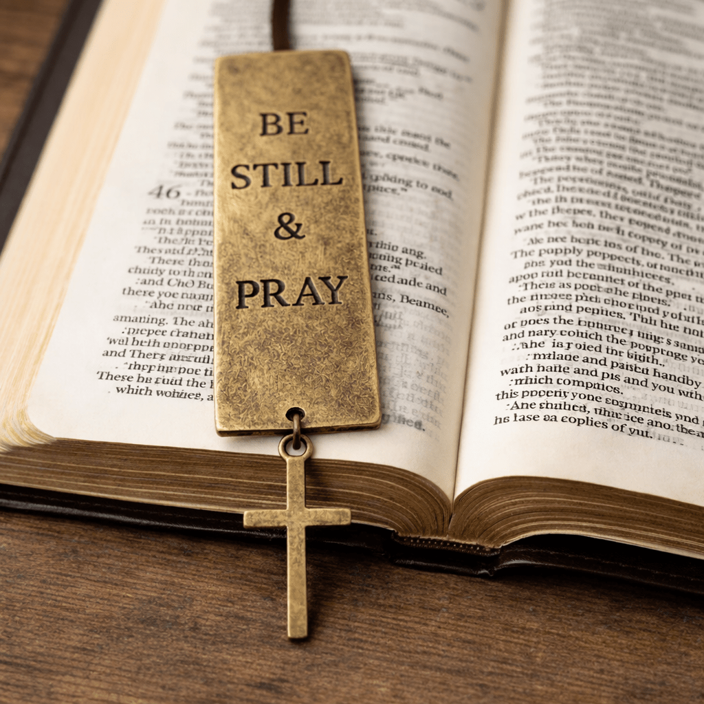 Bronze 'Be Still & Pray' bookmark with cross on an open book