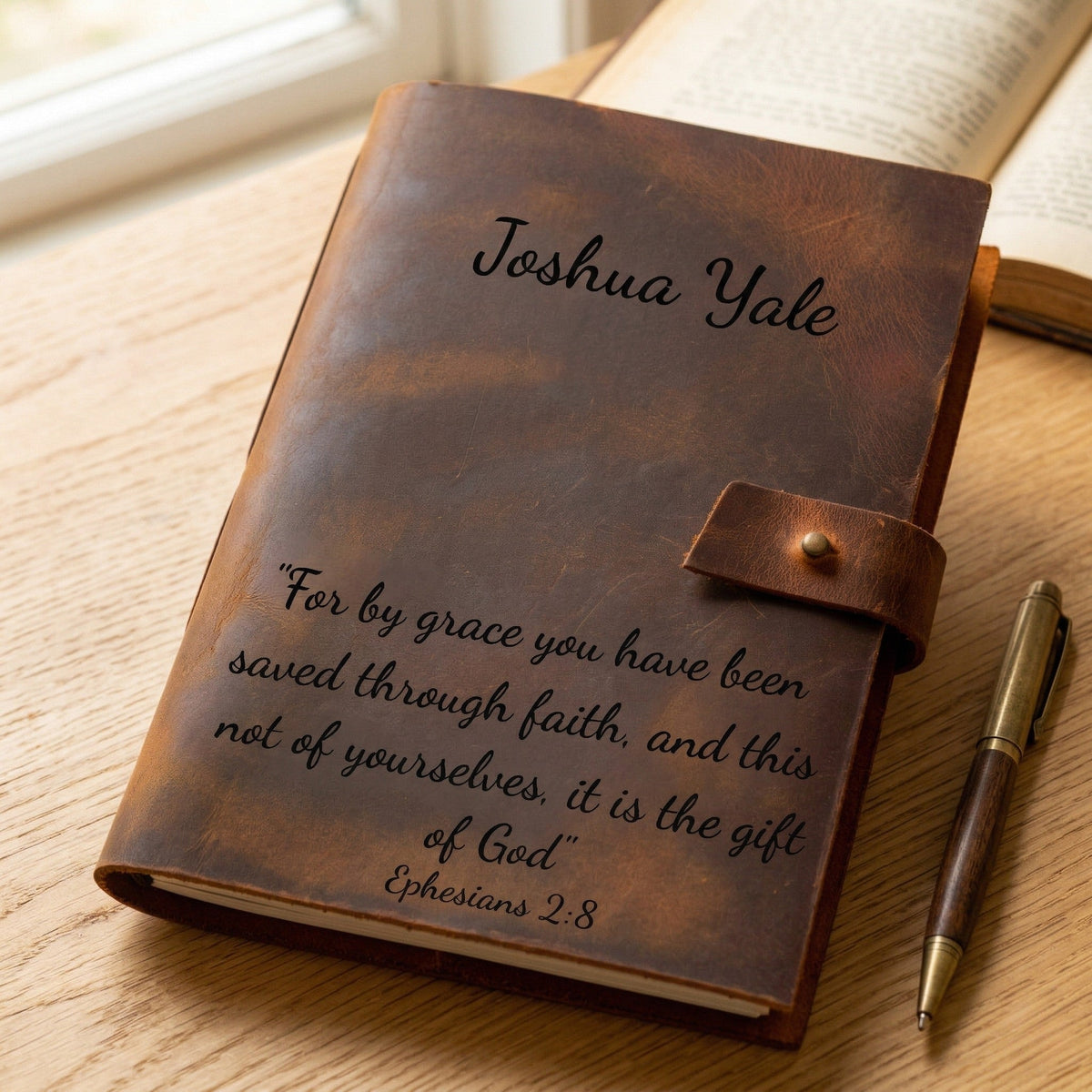 Brown leather journal with 'Joshua Yale' and engraved text on a wooden surface with a pen.