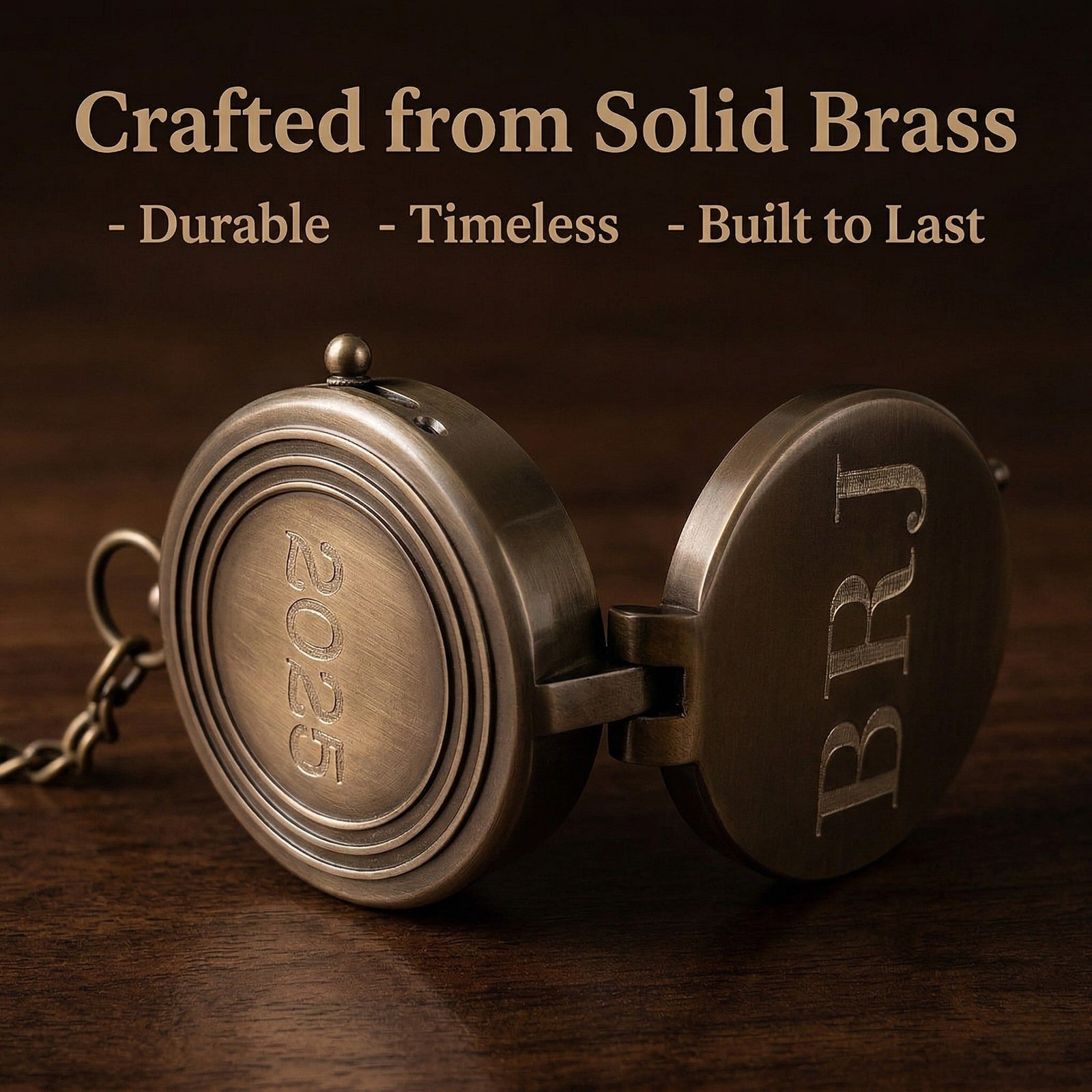 Solid brass lock with 'BRJ' engraving on a wooden surface, text 'Crafted from Solid Brass - Durable - Timeless - Built to Last' above.