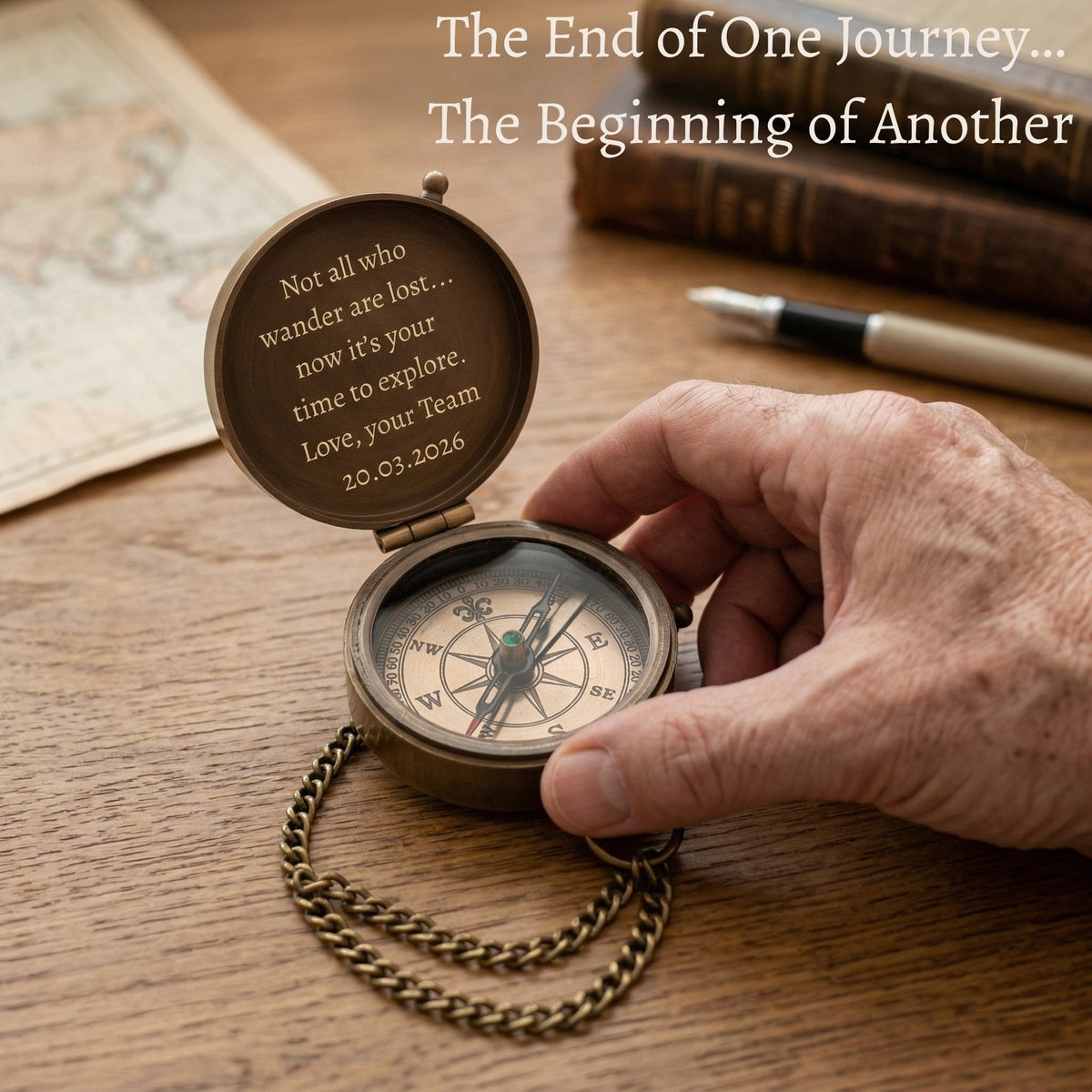 Person holding a compass with engraved text on a wooden surface, surrounded by books and a pen.