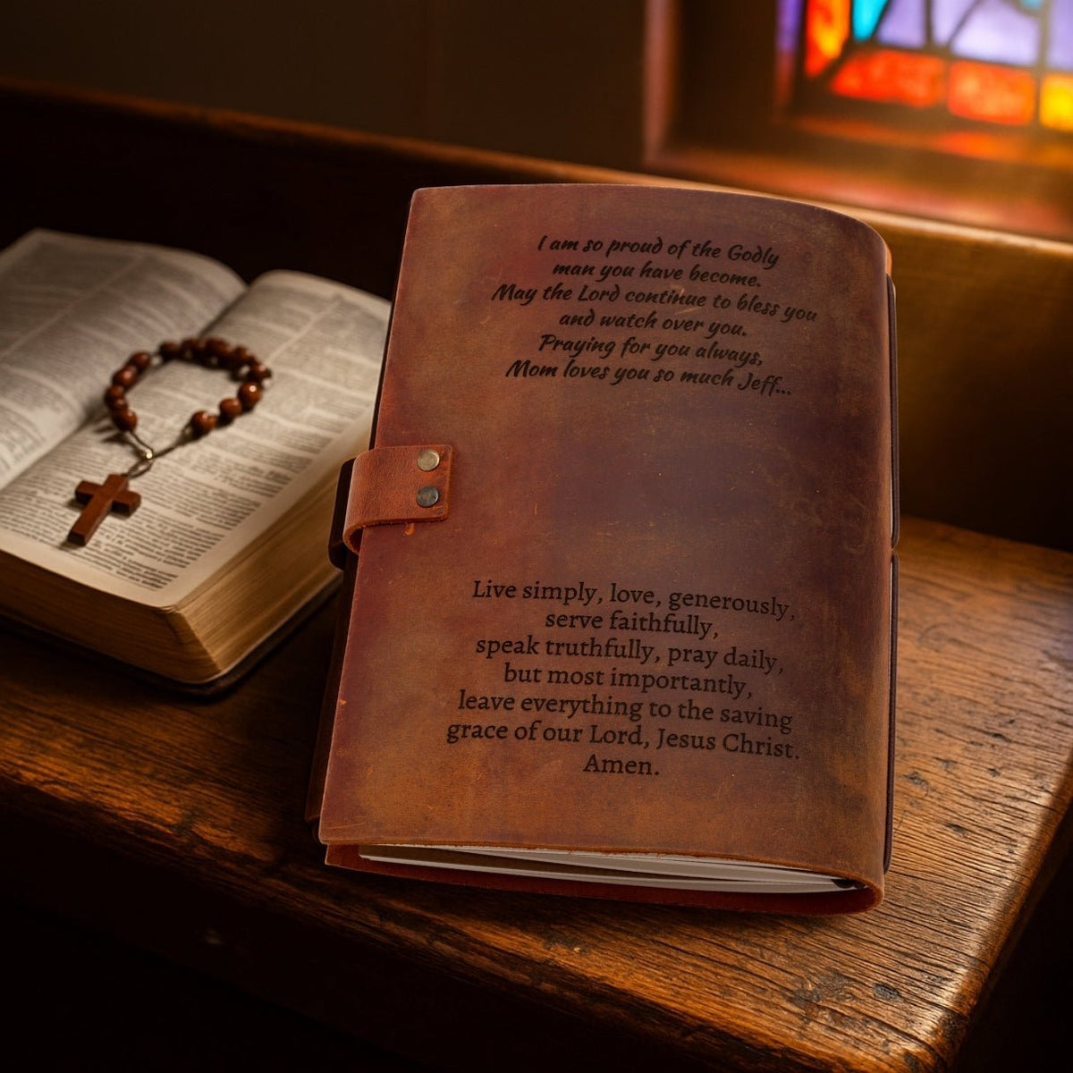 Personalized brown leather prayer journal – custom engraved Christian notebook or diary with refillable lined pages, featuring name, initial, monogram, photo, message, cross, or Bible verse text.