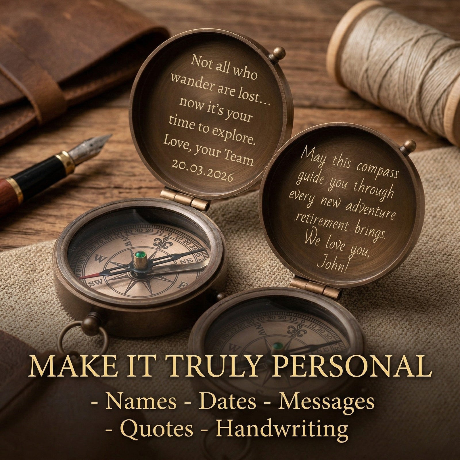 Personalized compass with engraved message on a wooden surface
