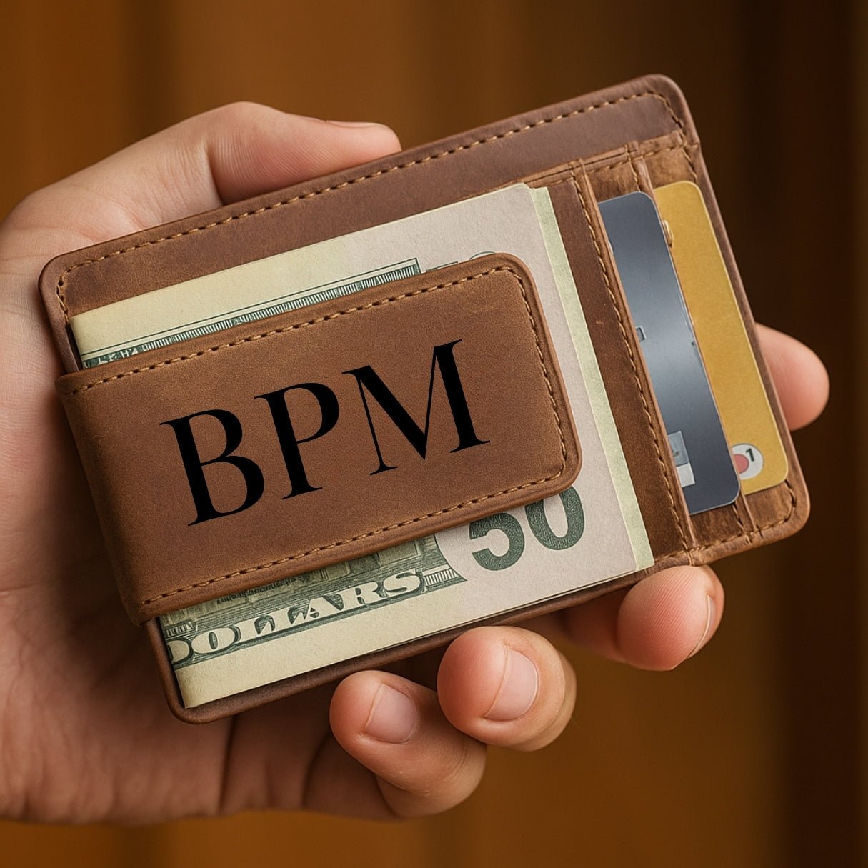 Ultraslim brown leather wallet for men — personalized and custom engraved with monogram, name, or photo, this minimalist money clip design includes a strong magnetic cash clip, ID window, and thin profile ideal for a modern front pocket.