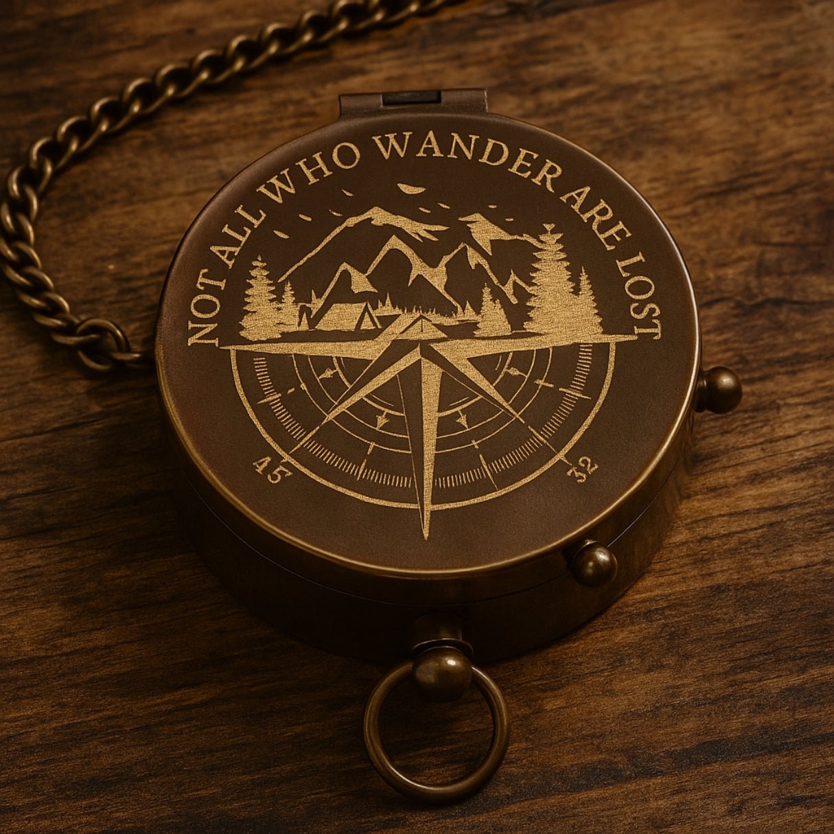 Personalized working antique brass compass for him – a celestial landscape gift engraved with name, initials, quote, or monogram; ideal for birthday, Christmas, Valentine’s Day, or anniversary.