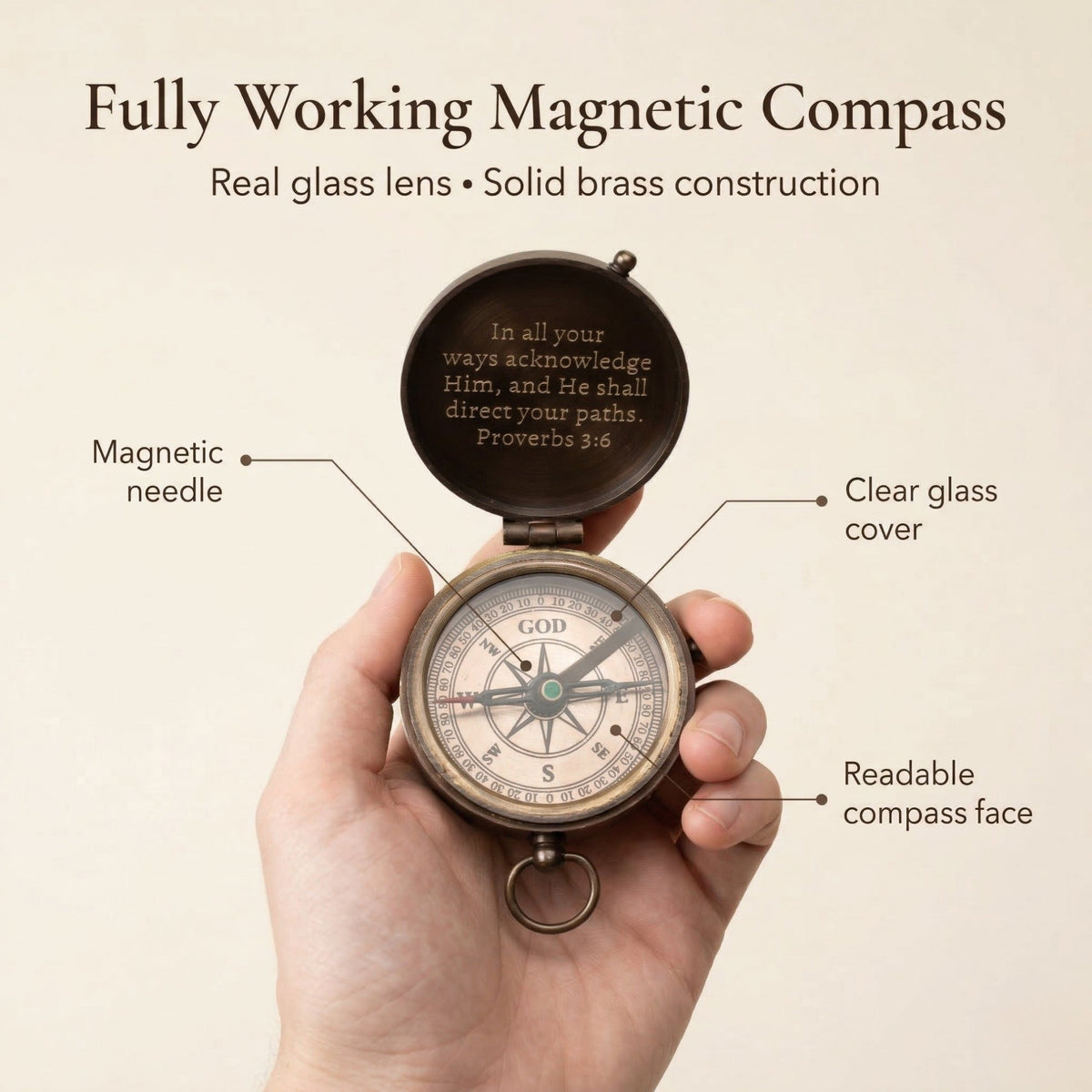 Hand holding a magnetic compass with labeled parts on a beige background