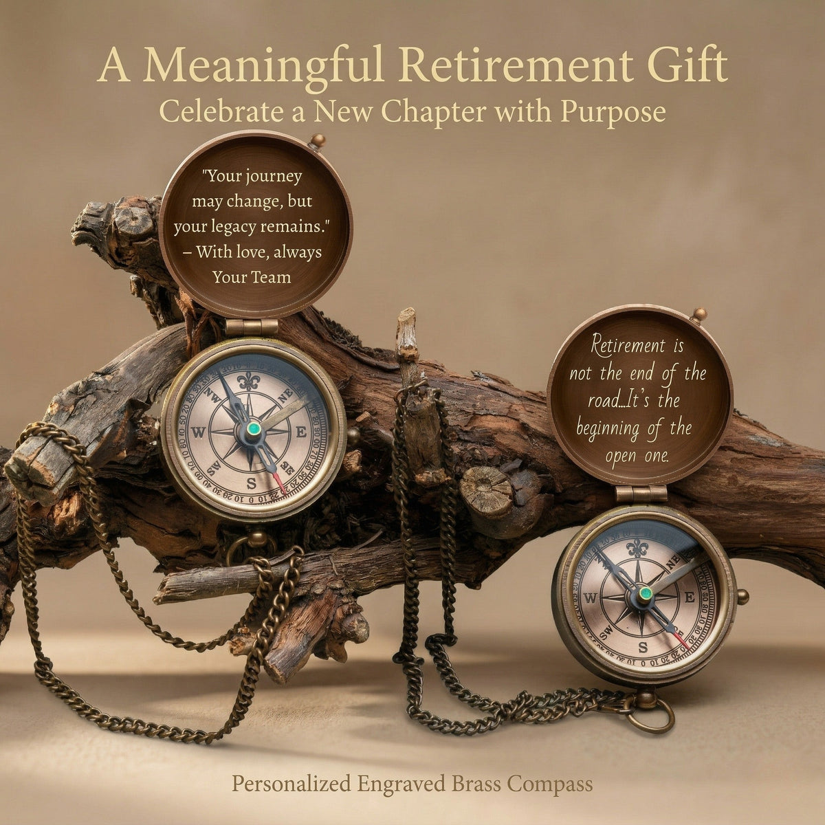 Personalized engraved brass compasses on a wooden background with motivational quotes.