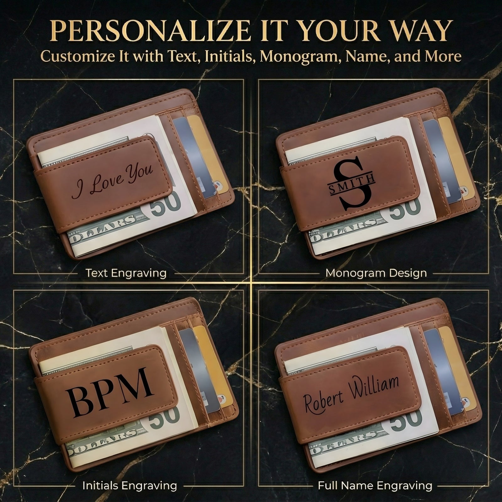 Four views of a personalized leather wallet with text, monogram, initials, and full name engraving on a dark background.