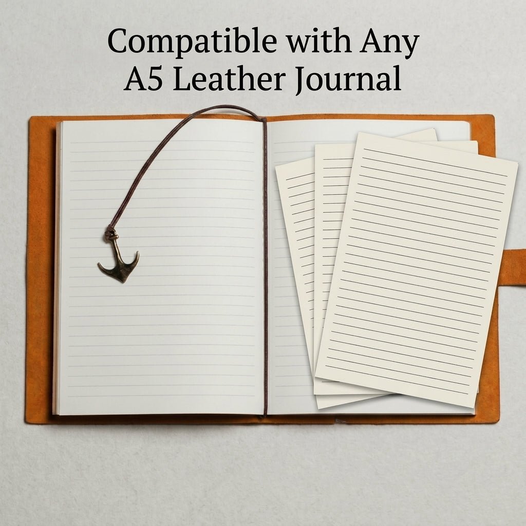 Cream-toned lined refill pages for a leather diary