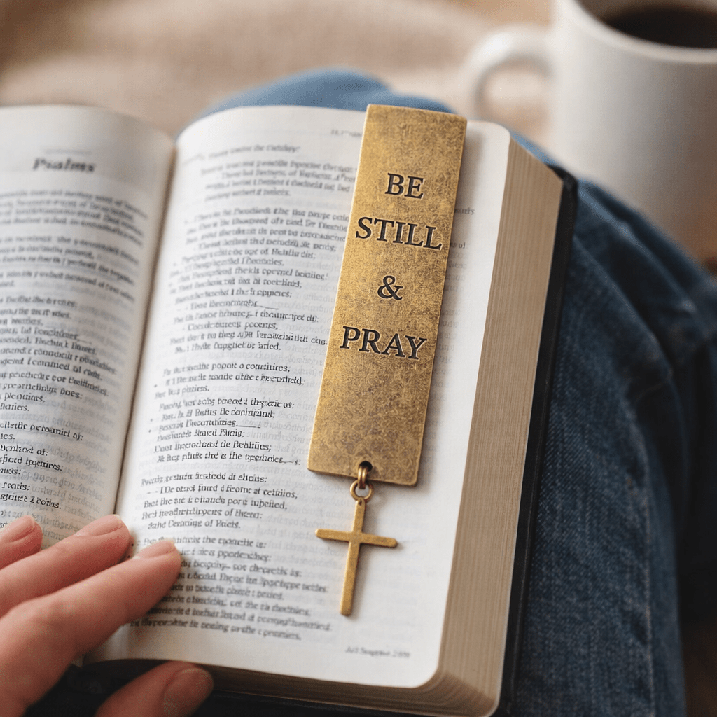 Book with a 'Be Still & Pray' bookmark and cross charm, held open by a hand.