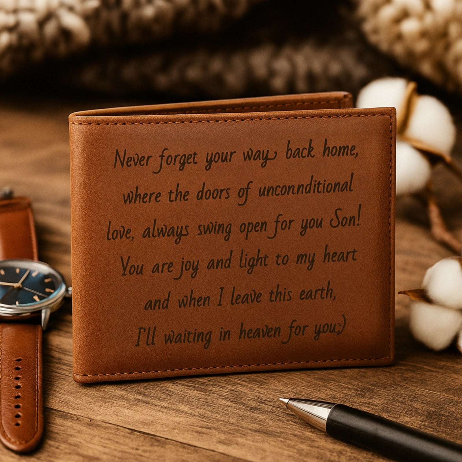 Brown leather wallet with engraved message on a wooden surface with a watch and pen.