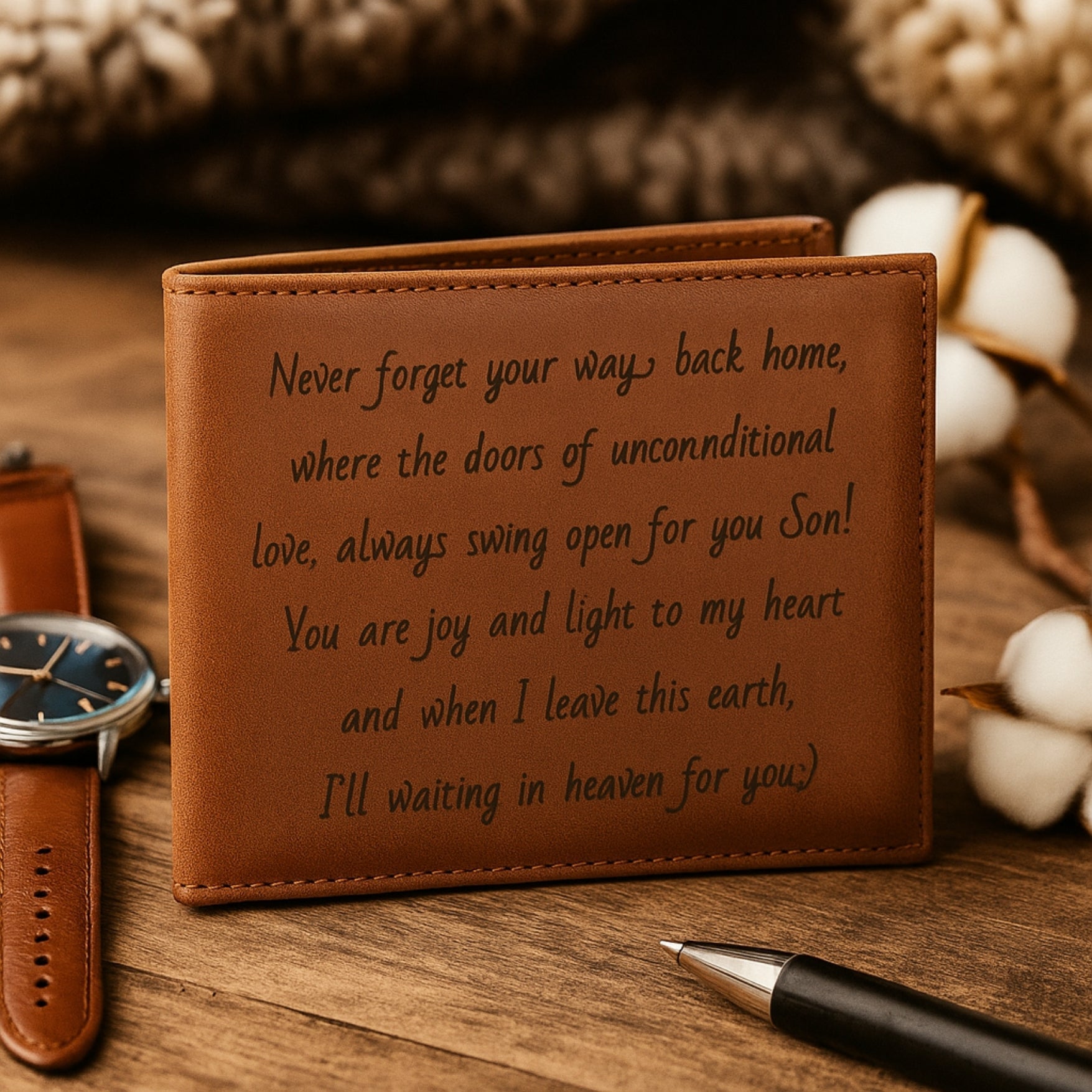 Brown leather wallet with engraved message on a wooden surface with a watch and pen.