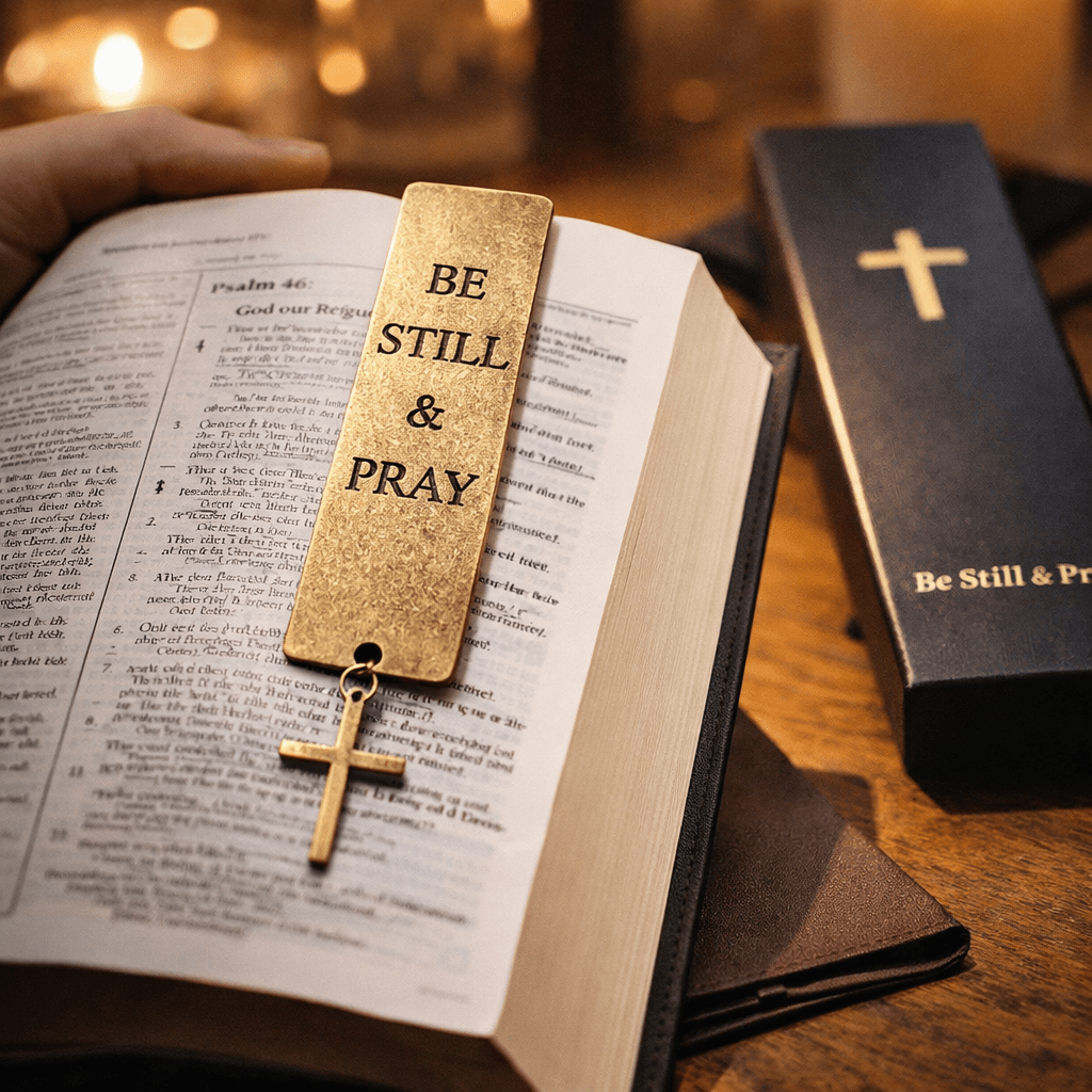 Gold 'Be Still &amp; Pray' bookmark on an open book with a blurred background