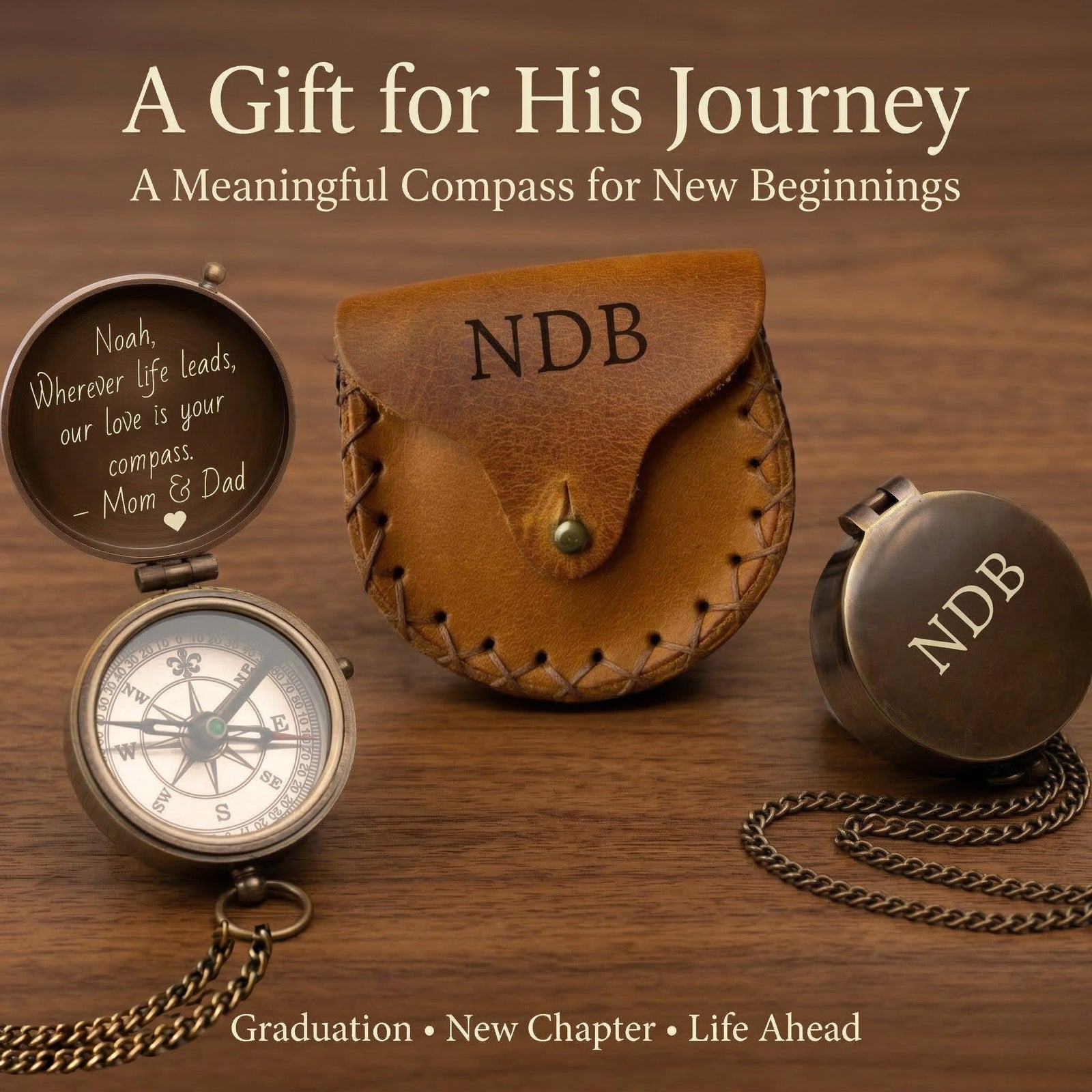 Compass and leather case with 'NDB' engraving on a wooden surface