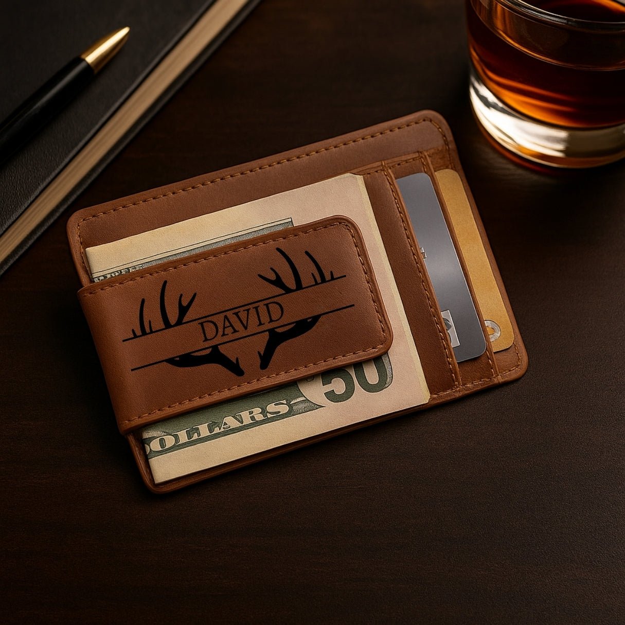 Minimal, compact front pocket wallet with cash clip — this personalized leather money clip for men features custom engraving, name, initial, or photo options, strong magnetic closure, ID window, and designer card holder appeal in genuine brown leather.