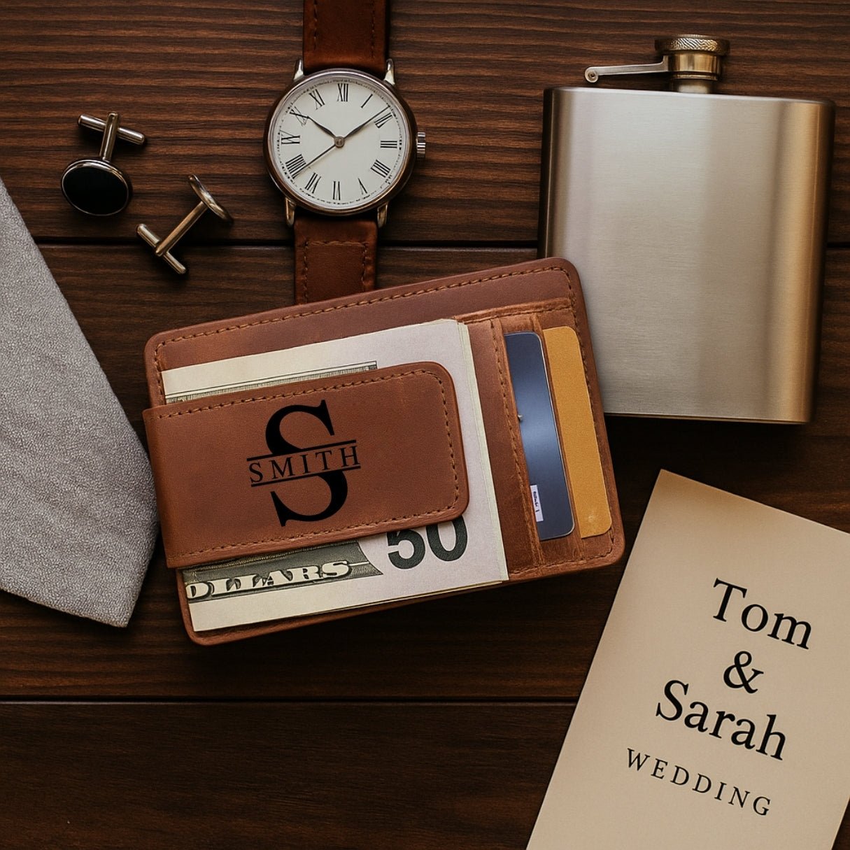 Custom engraved wallet for men — made of genuine brown leather, this minimalist money clip combines a small, thin, ultraslim profile with a magnetic closure, ID window, and personalized monogram or photo, perfect as a sleek front pocket designer card holder.