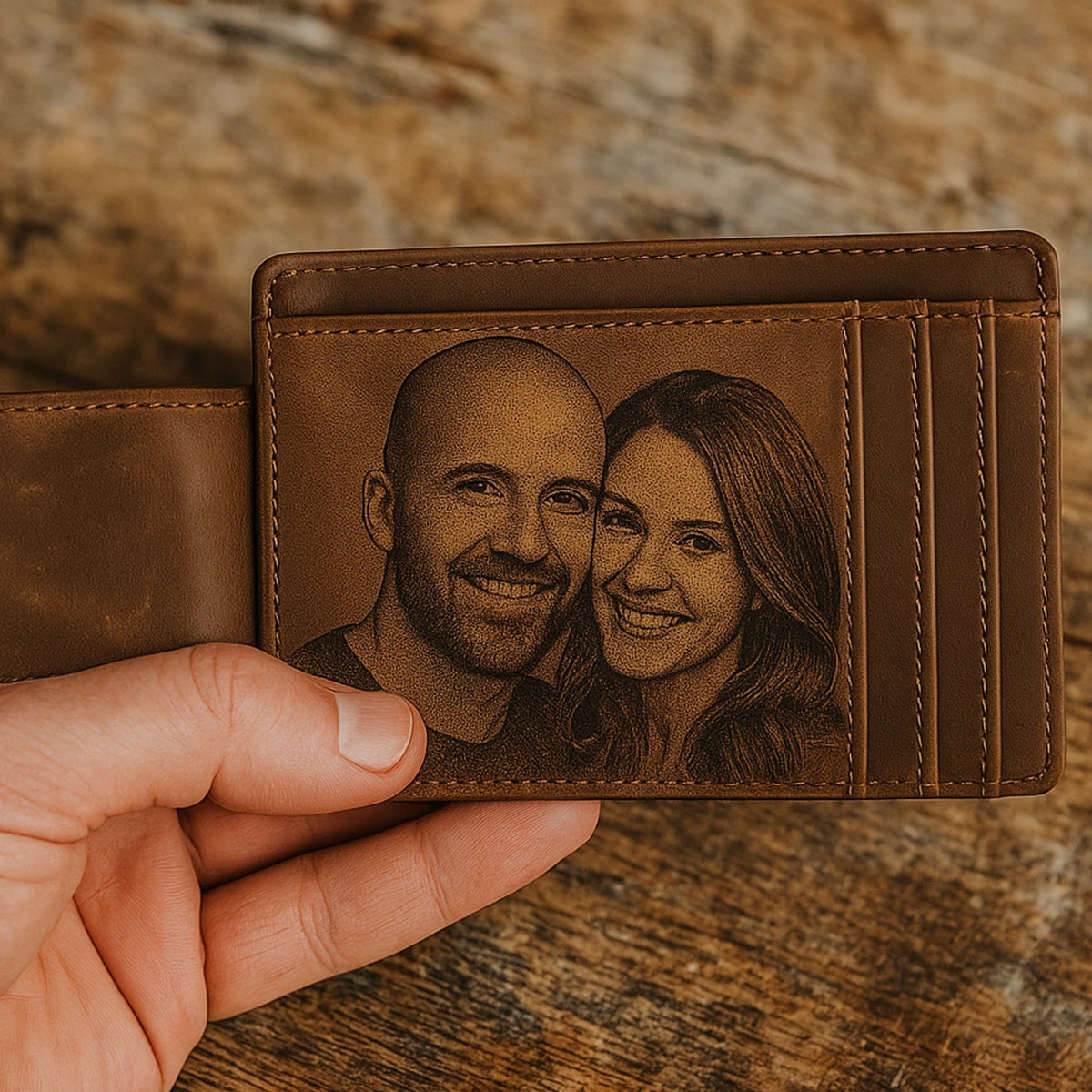Brown leather wallet with engraved portrait of a couple held by a hand on a wooden surface.