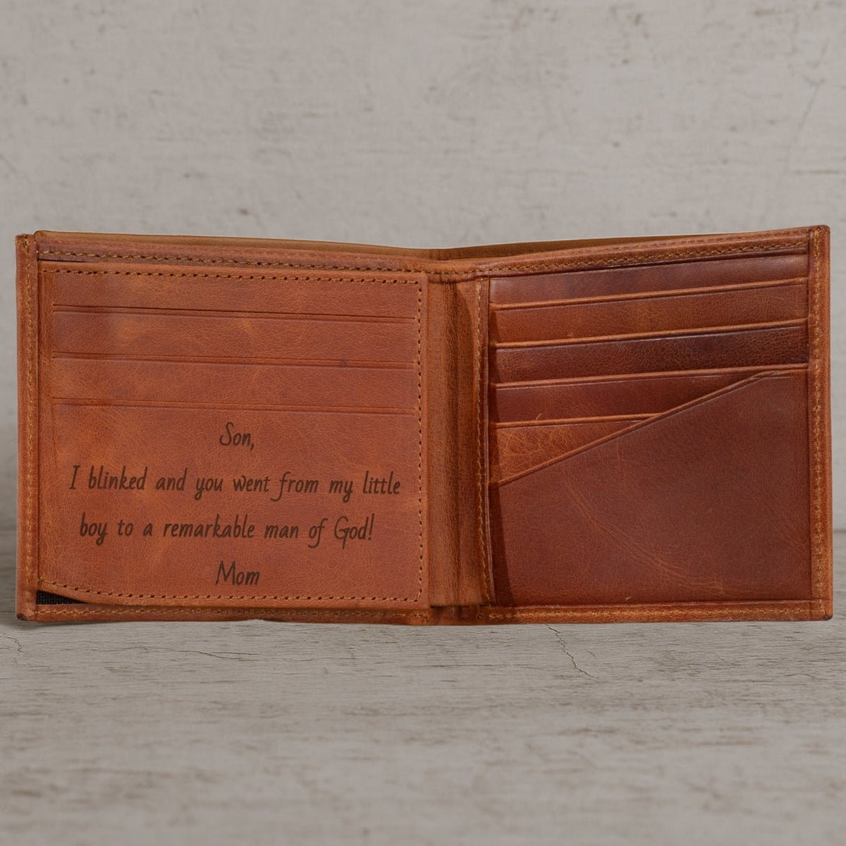 Genuine brown leather wallet with custom-engraved picture and initials – a heartfelt gift for him on anniversary, birthday, or Valentine’s Day.