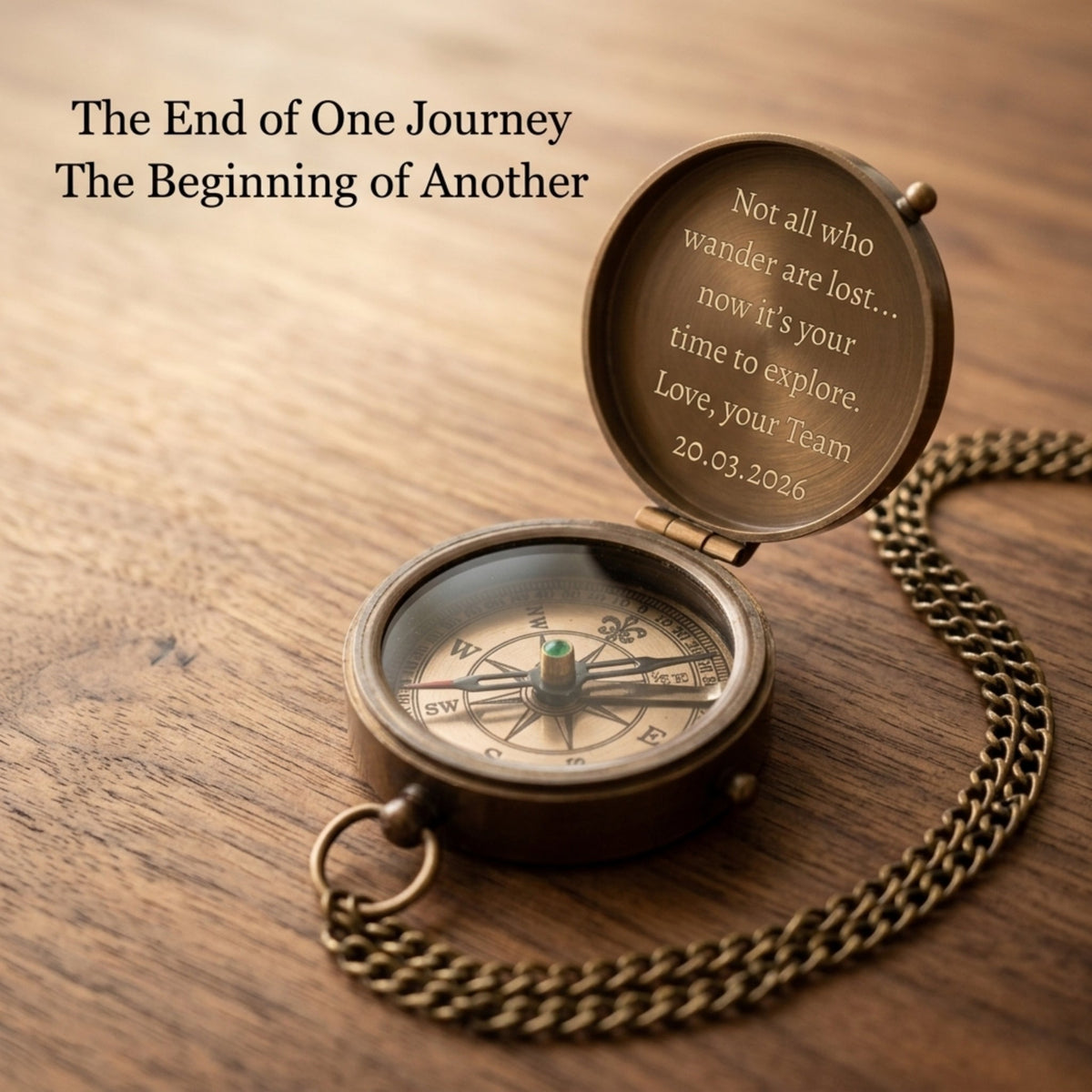 Bronze compass with engraved message on a wooden surface