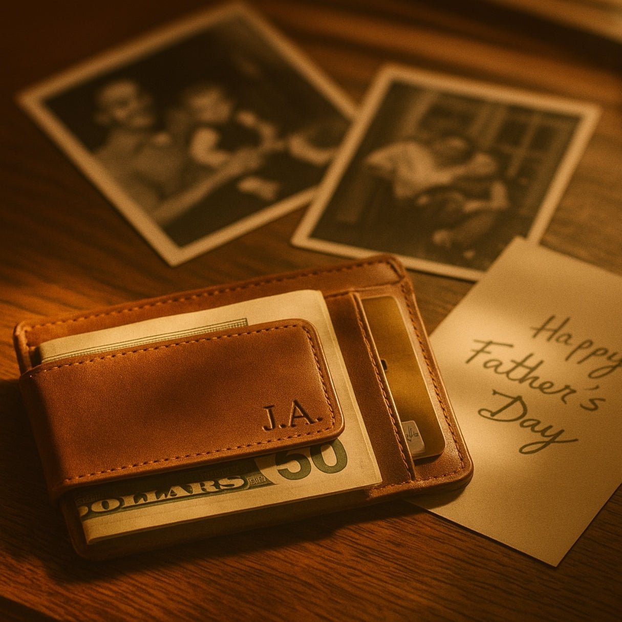 Minimal, compact front pocket wallet with cash clip — this personalized leather money clip for men features custom engraving, name, initial, or photo options, strong magnetic closure, ID window, and designer card holder appeal in genuine brown leather.