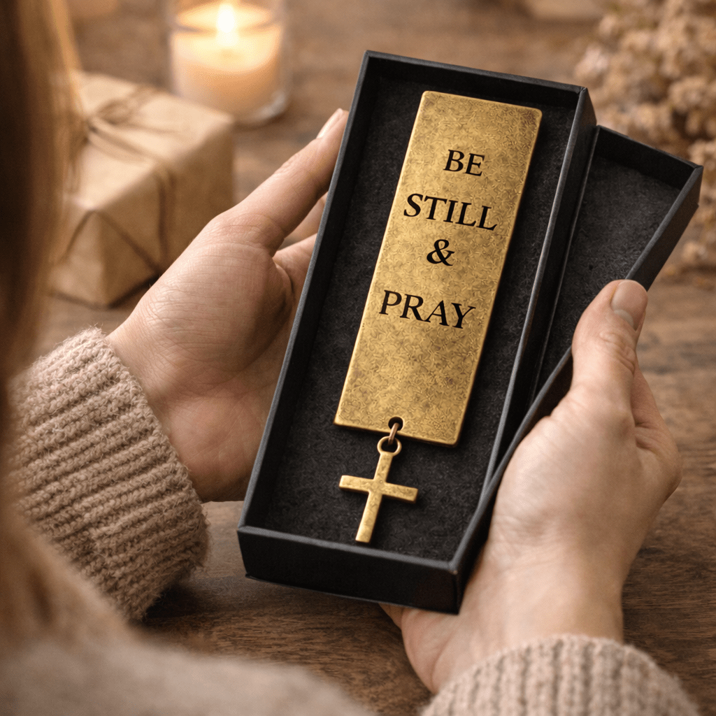 Gold bookmark with 'Be Still &amp; Pray' text and cross pendant in a black box, held by a person.