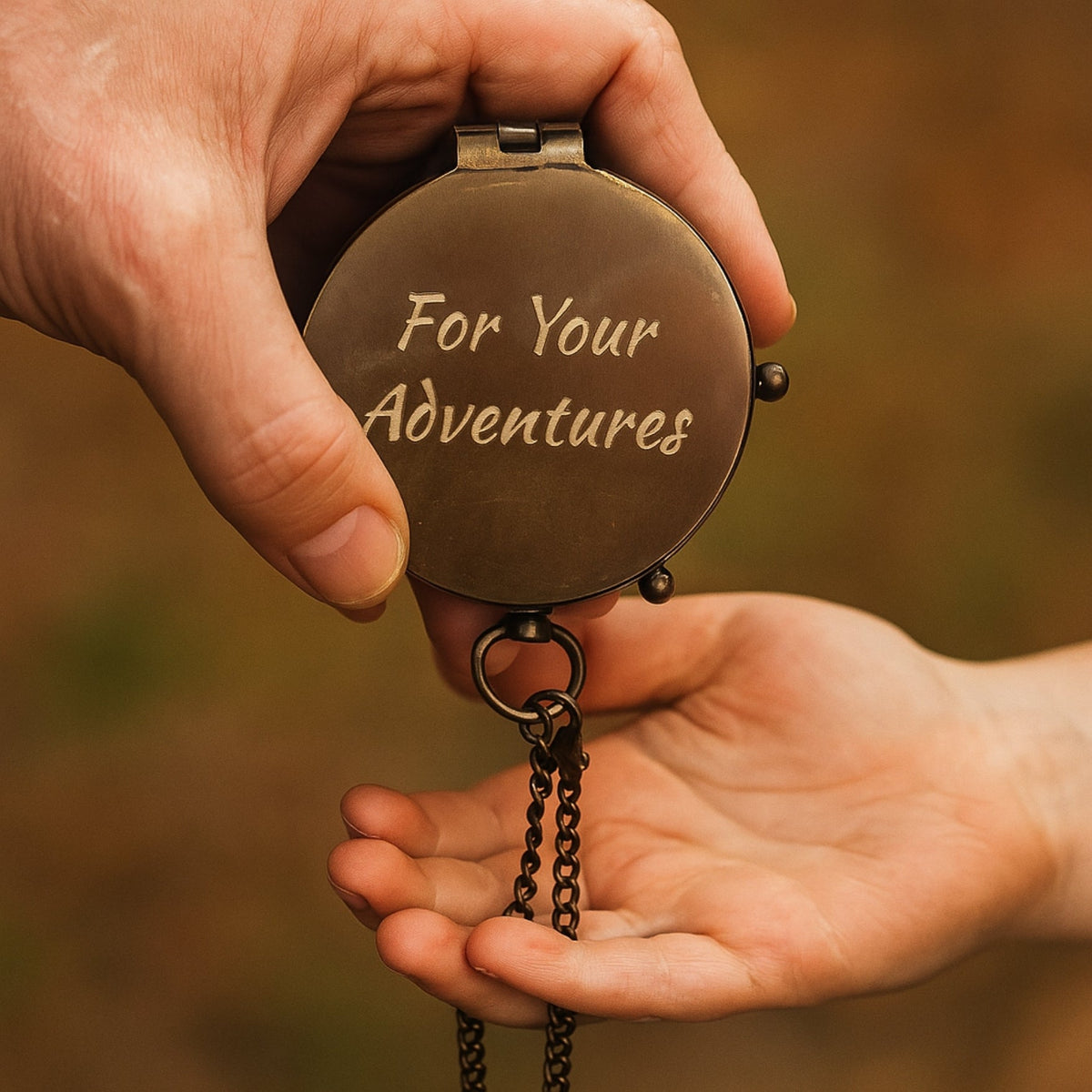 Hand holding a bronze compass with &#39;For Your Adventures&#39; engraving against a blurred natural background